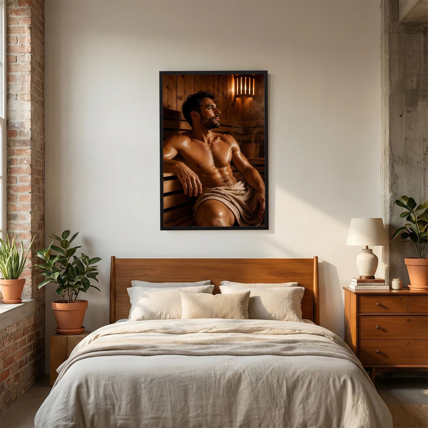 Sauna-Poster mit sitzendem Mann, schwarz gerahmt, Holzsauna-Szene im Hochformat
