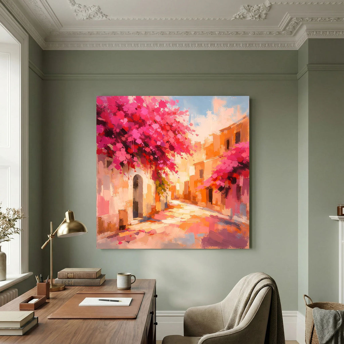 Abstraktes Leinwandbild einer mediterranen Gasse mit rosa Blüten und orangefarbenen Gebäuden