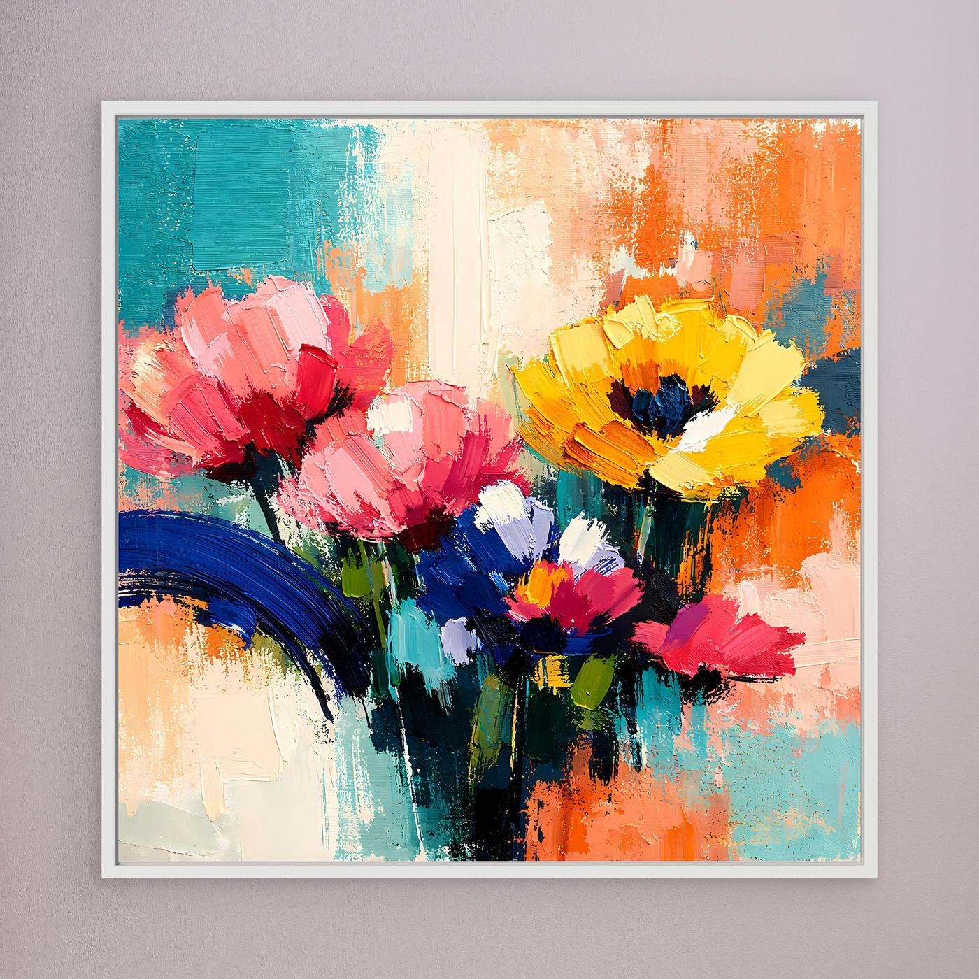 Leinwandbild mit abstrakten Sommerblumen, farbenfrohe Pinselstruktur, weiß gerahmt