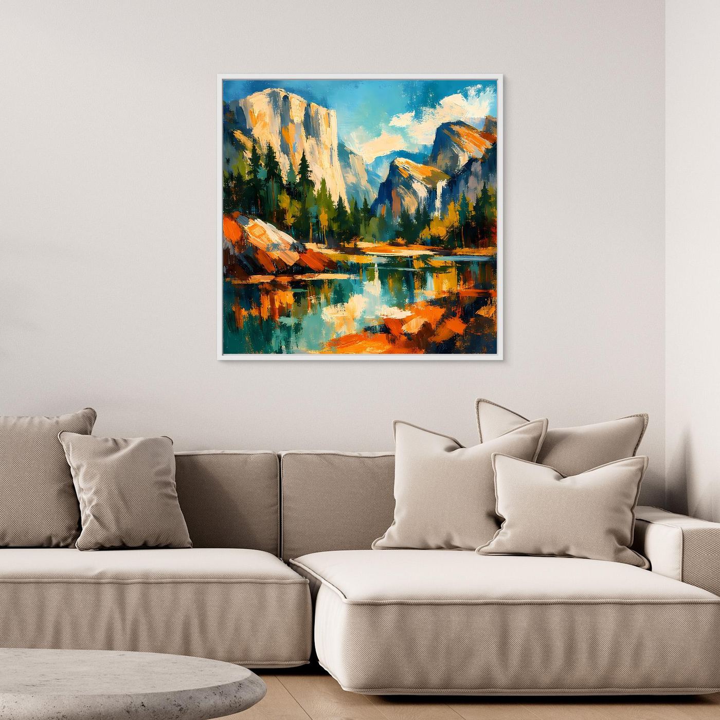 Leinwandbild: Gebirgstal mit See und Reflexionen, kräftige Farben, dunkler Rahmen