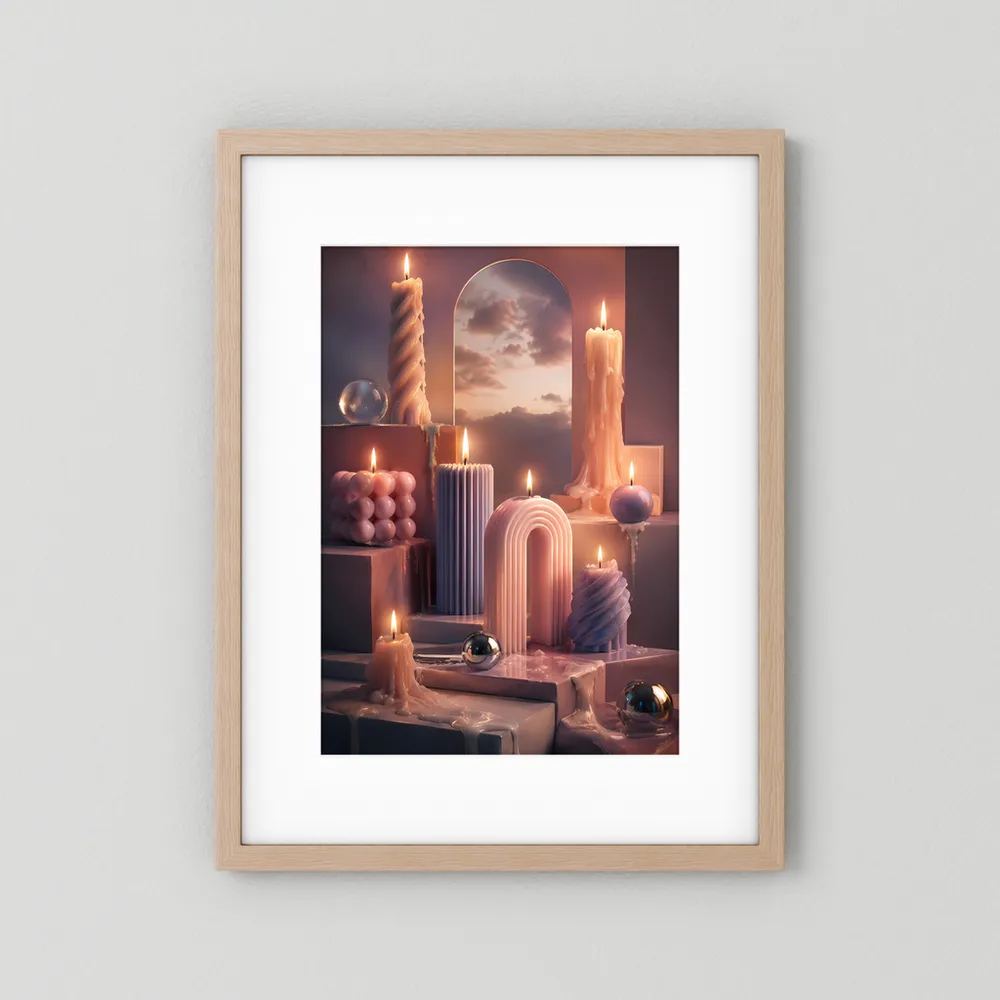 Hochformat-Poster mit Kerzenszene in Pastellrosa im hellen Holzrahmen mit weißem Passepartout