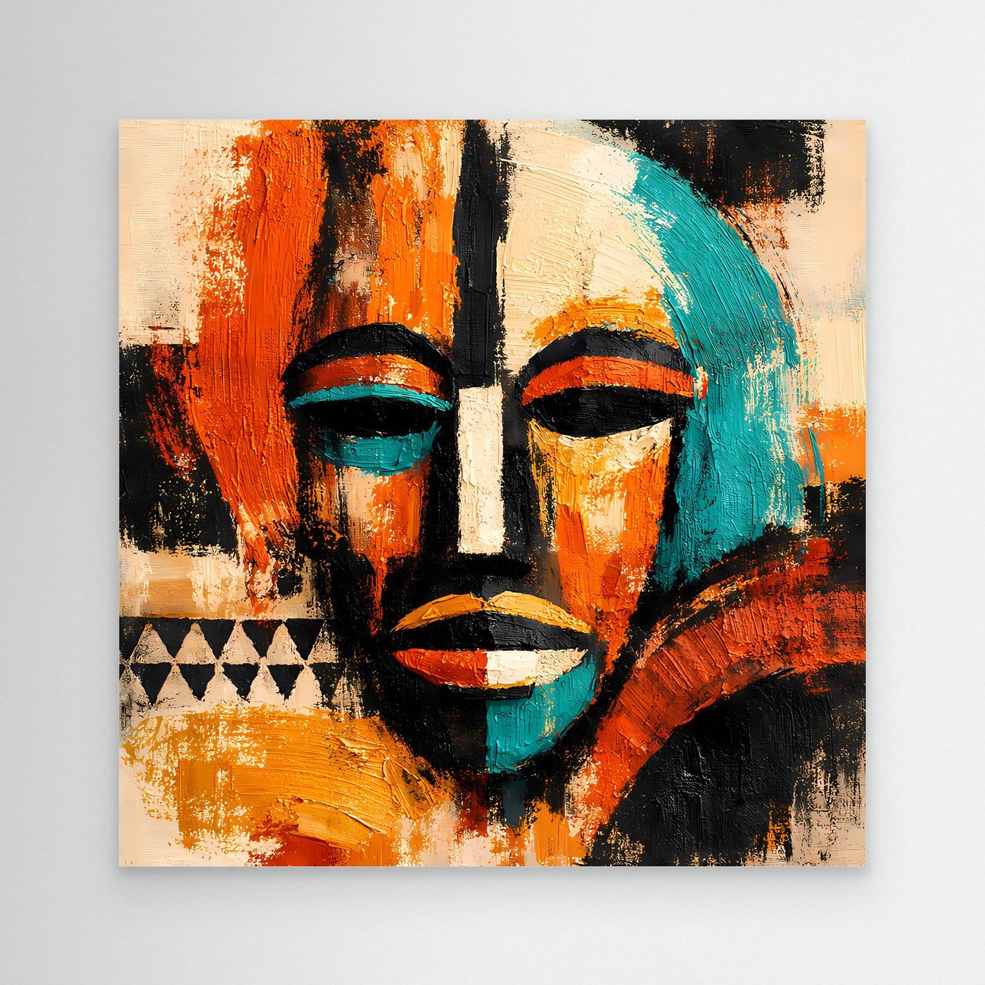 Abstract mask portrait canvas with teal and orange faces and black accents, unframed