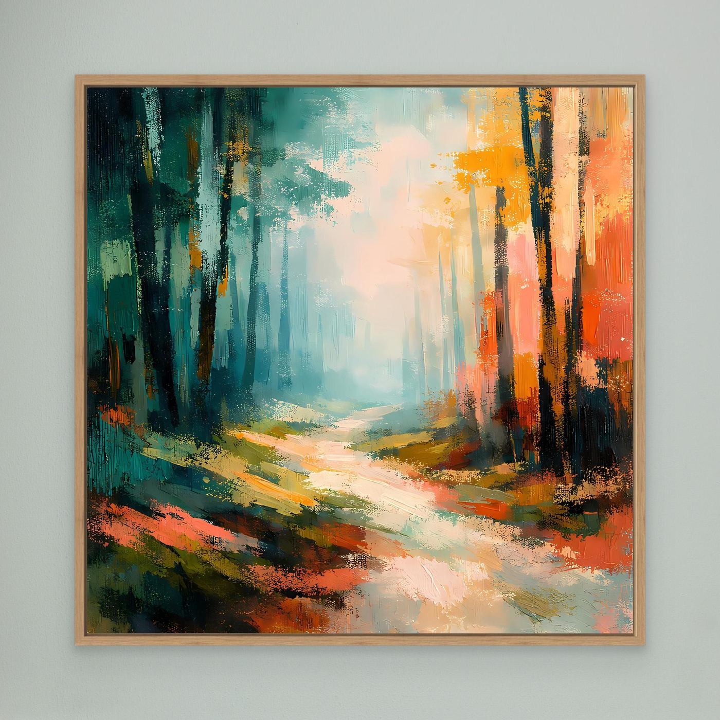 Abstraktes Leinwand-Wandbild Waldweg in Blau-Grün/Orange, mit hellem Eichenrahmen