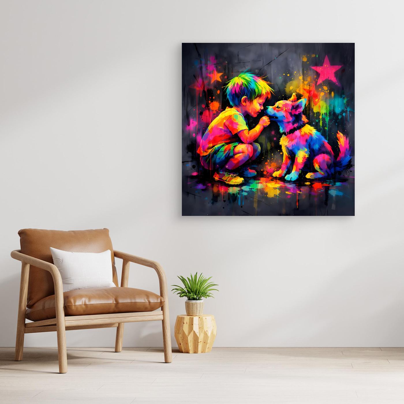 Leinwandbild mit buntem Graffiti: Kind umarmt Hund, farbige Spritzer und Sterne
