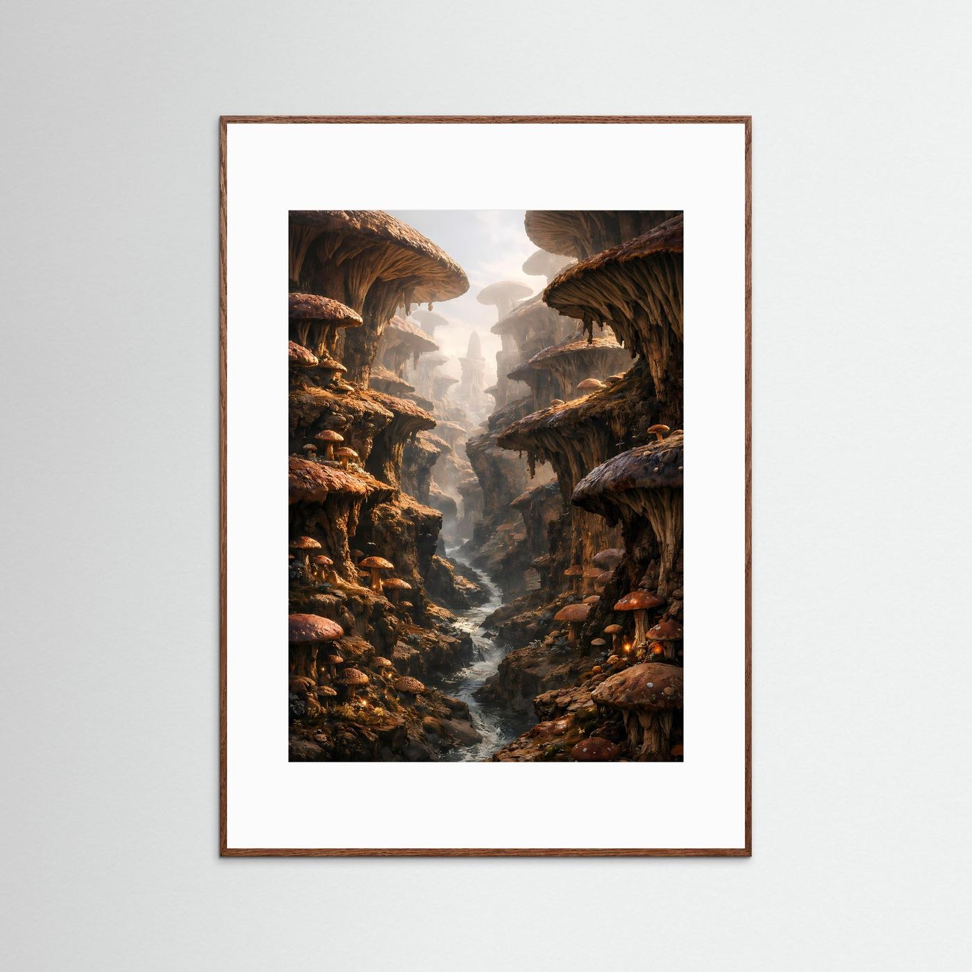 Fantasy-Poster im dunklen Holzrahmen mit surreeller Canyonlandschaft, Nebel und Pilzformen