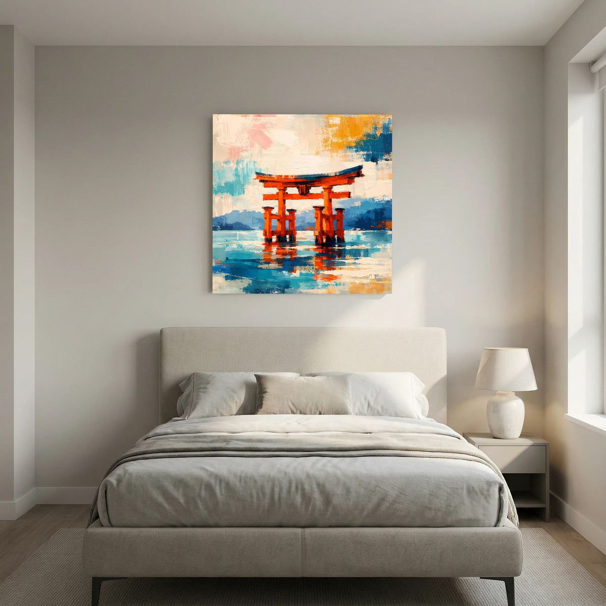 Leinwandbild mit orangefarbenem Torii-Tor, blauem Himmel-Anklang und Wasserreflexion, Holzrahmen