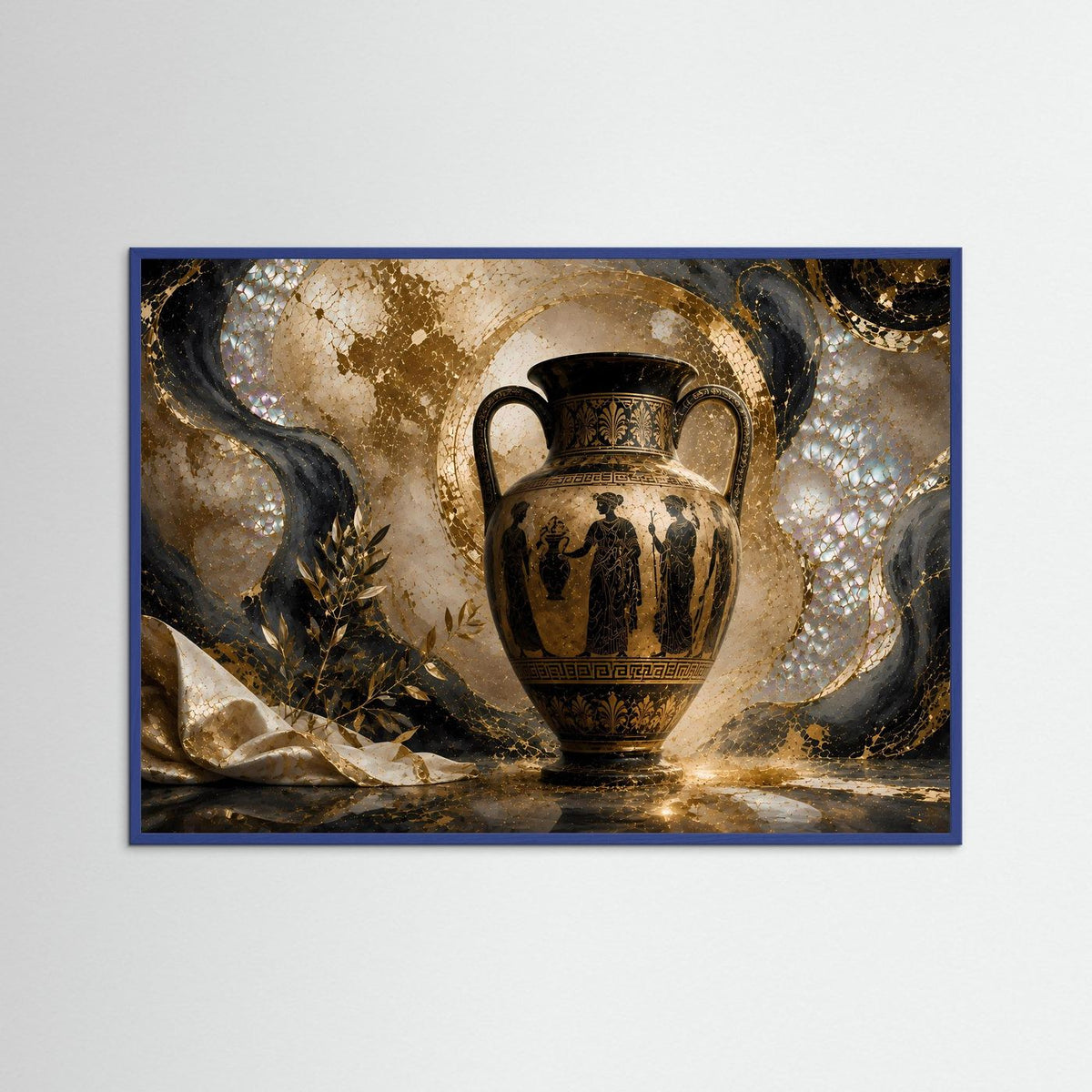 Antike griechische Amphore in Gold und Schwarz auf Kunstprint, blauer Rahmen
