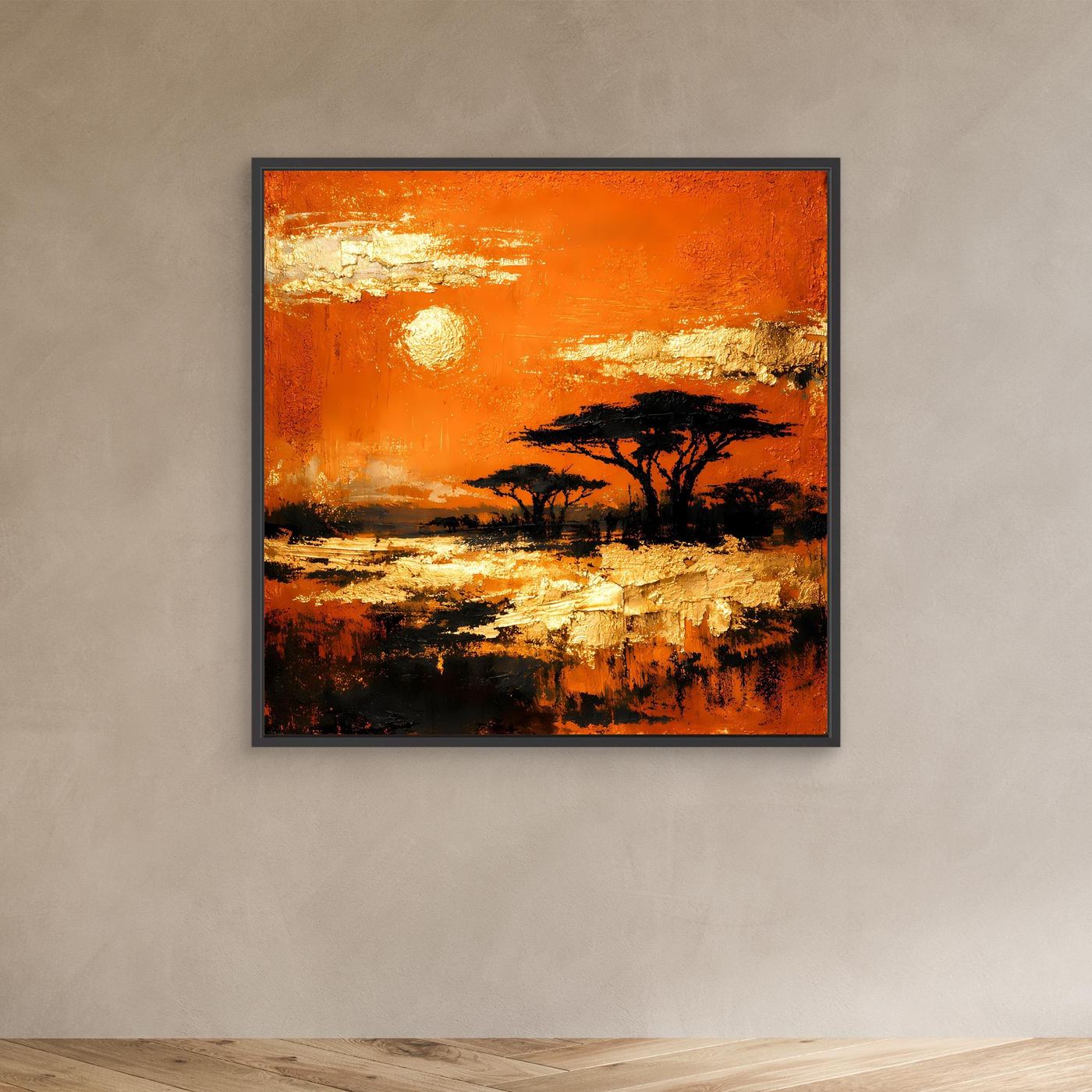 Leinwand Abstraktes Savannen-Panorama | Modernes Afrika Wandbild in Orange und Goldblättern