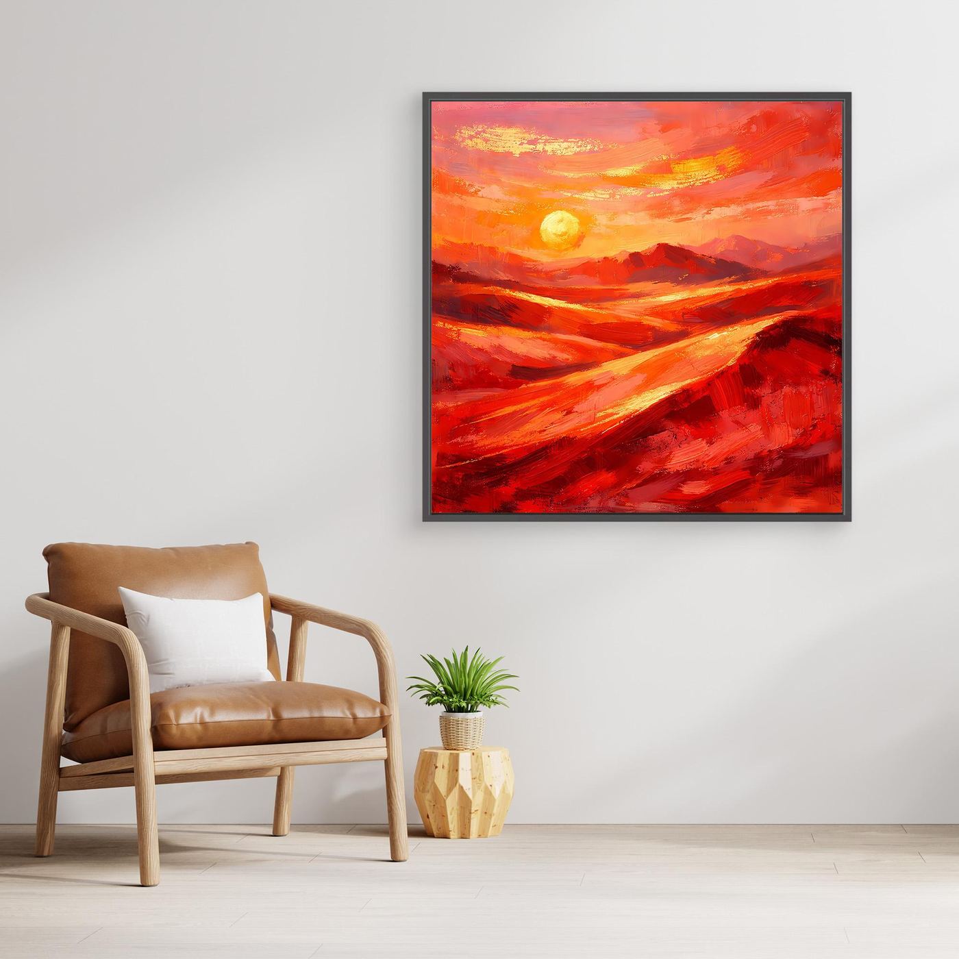 Abstraktes Leinwandbild mit Sonnenmotiv in Rot-Orange, gerahmt in hellem Holz