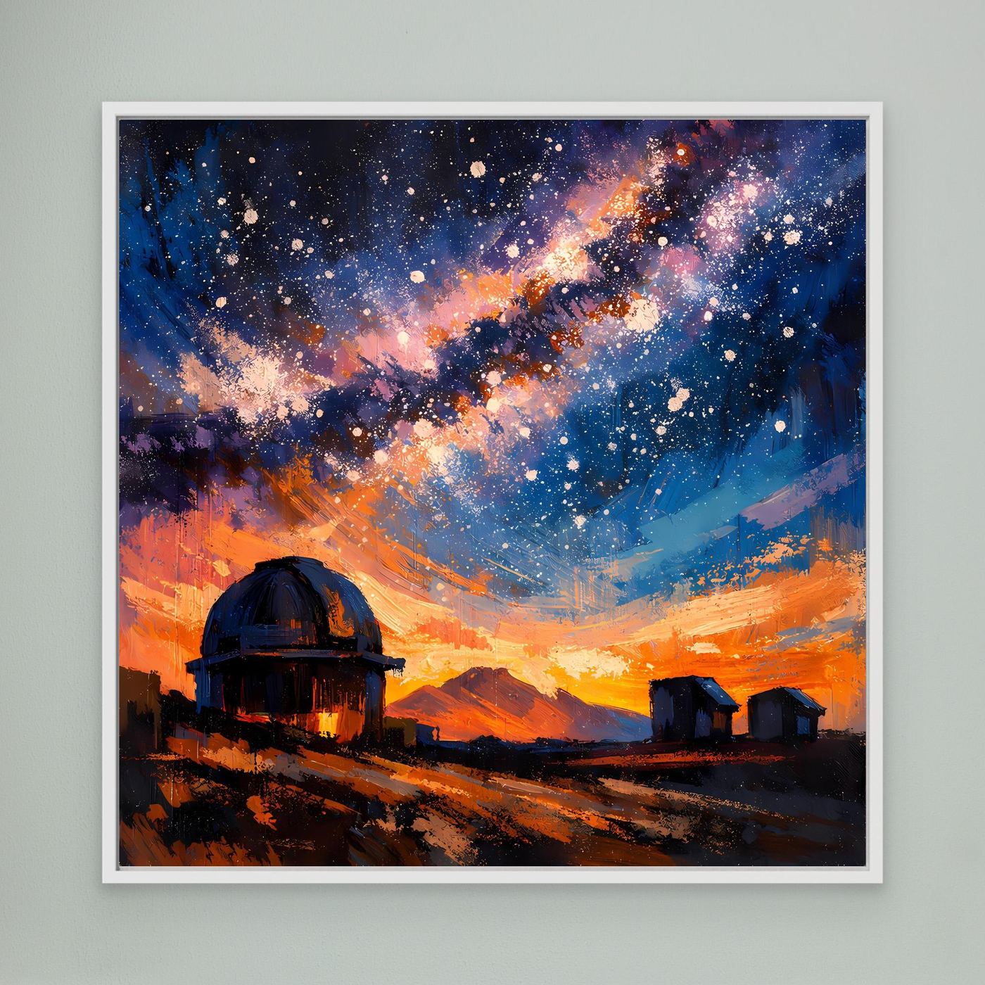 Wandbild: abstrakte Galaxie mit Sternen, Sternwarte mit Teleskop, weiß gerahmt
