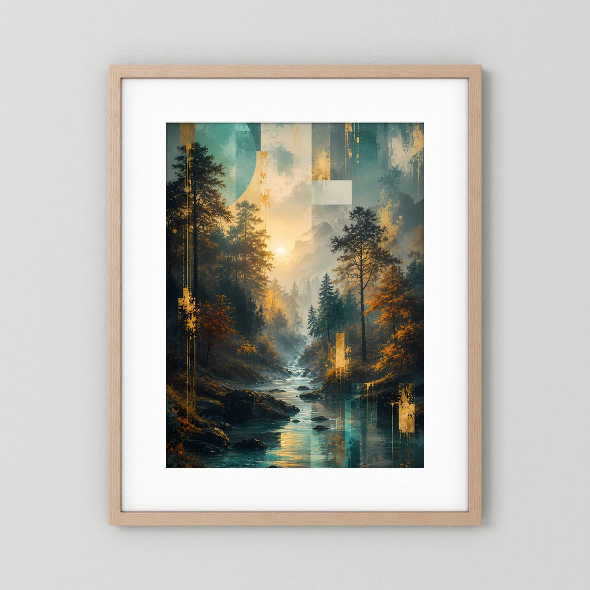 Hochformatiges Poster mit Wald- und Flusslandschaft im bunten Morgenlicht, Holzrahmen