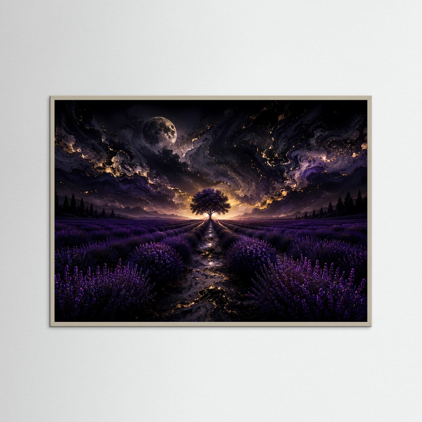 Lavendelfeld Wandbild Nacht | Mystischer Baum unter Mond | Fantasy Landschaft Poster | Lila Leinwandbild | Abstrakte Fine Art Wandkunst