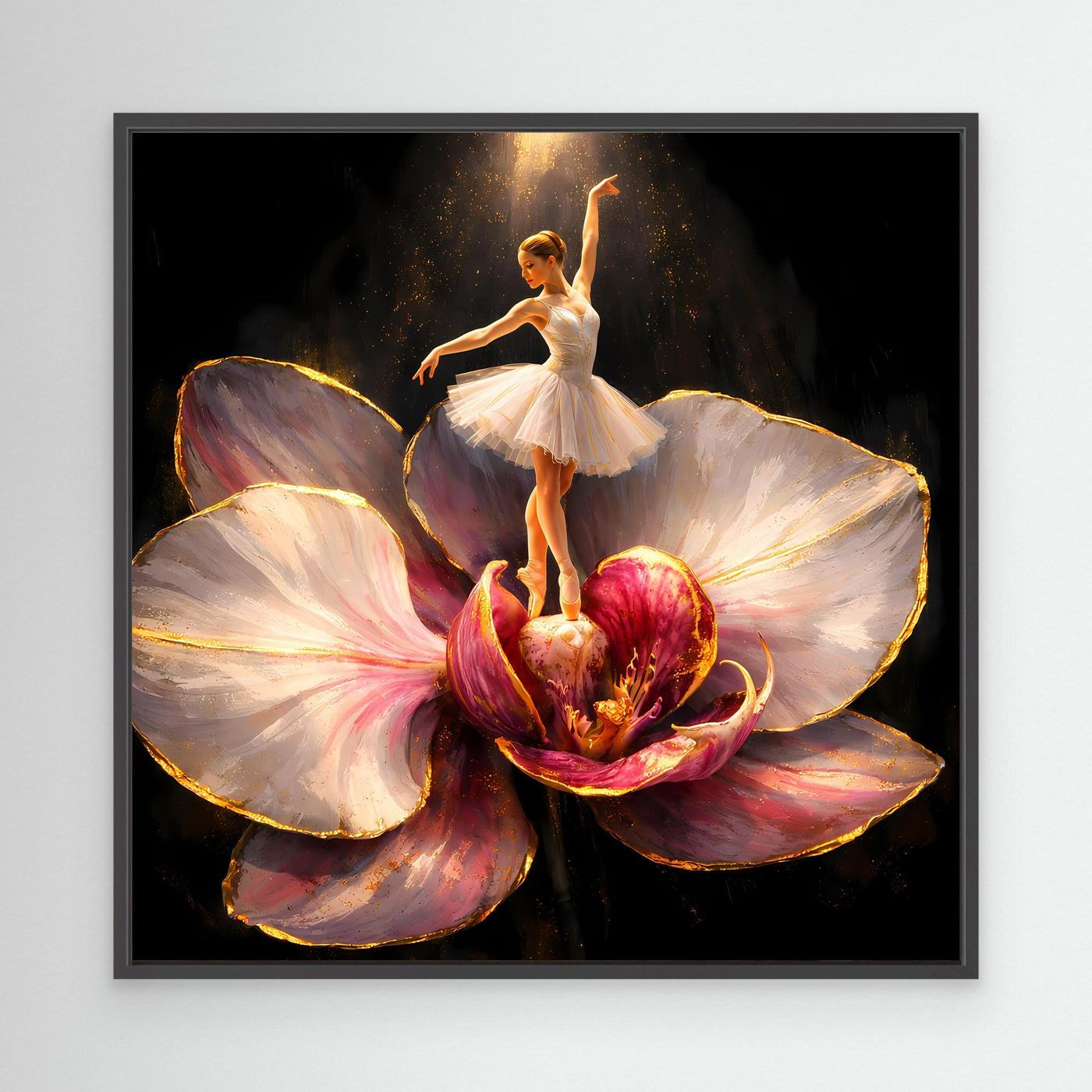 Premium Leinwand Elegante Ballerina auf Orchidee | Abstraktes Ballett Wandbild mit Goldakzenten
