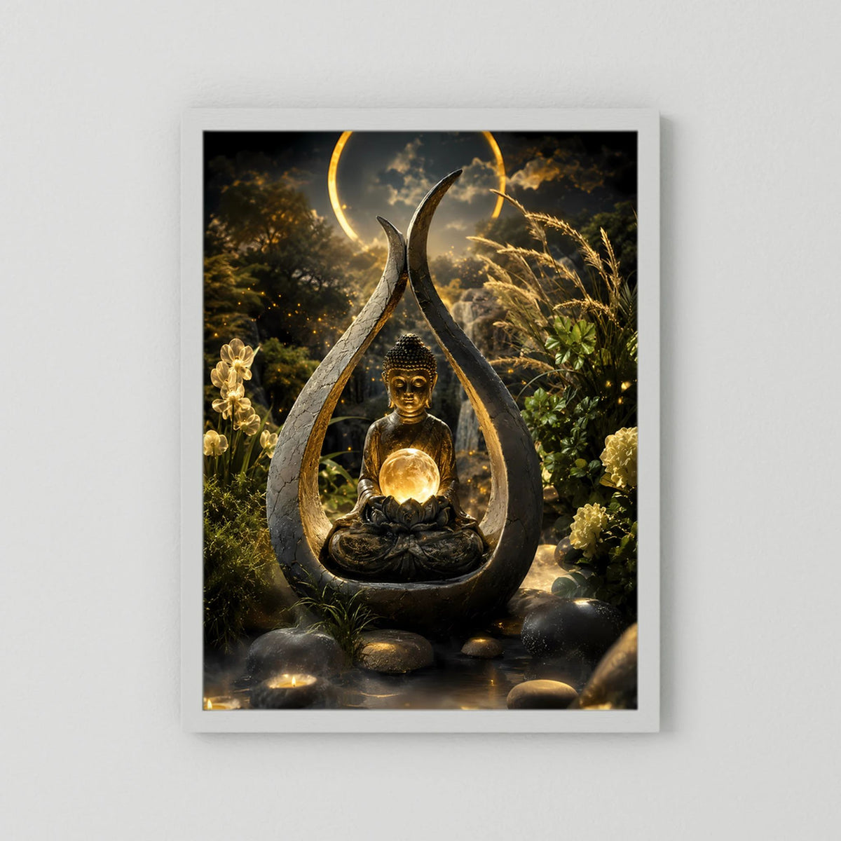 Hochformatiges Kunstposter mit meditiertem Buddha und goldener Lichtkugel, weißer Passepartout, grauer Hintergrund