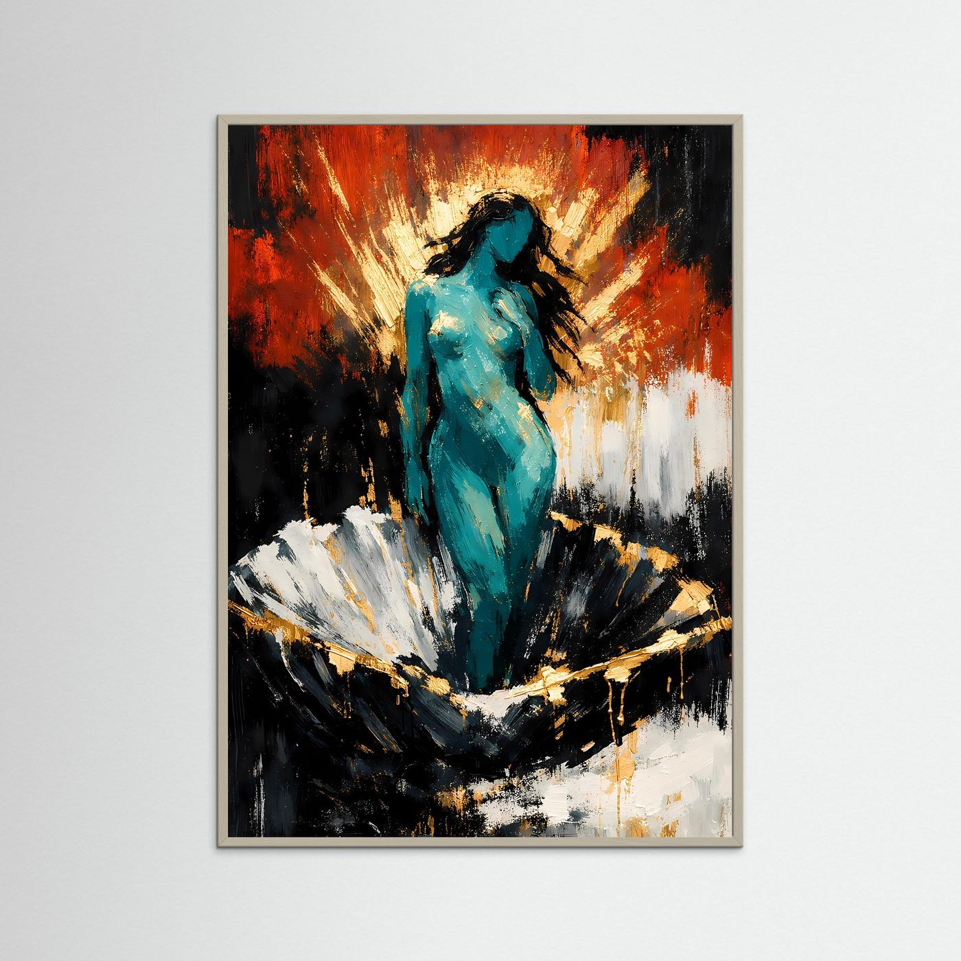 Kunstposter mit abstraktem Frauenportrait, türkisfarbene Figur, heller Holzrahmen