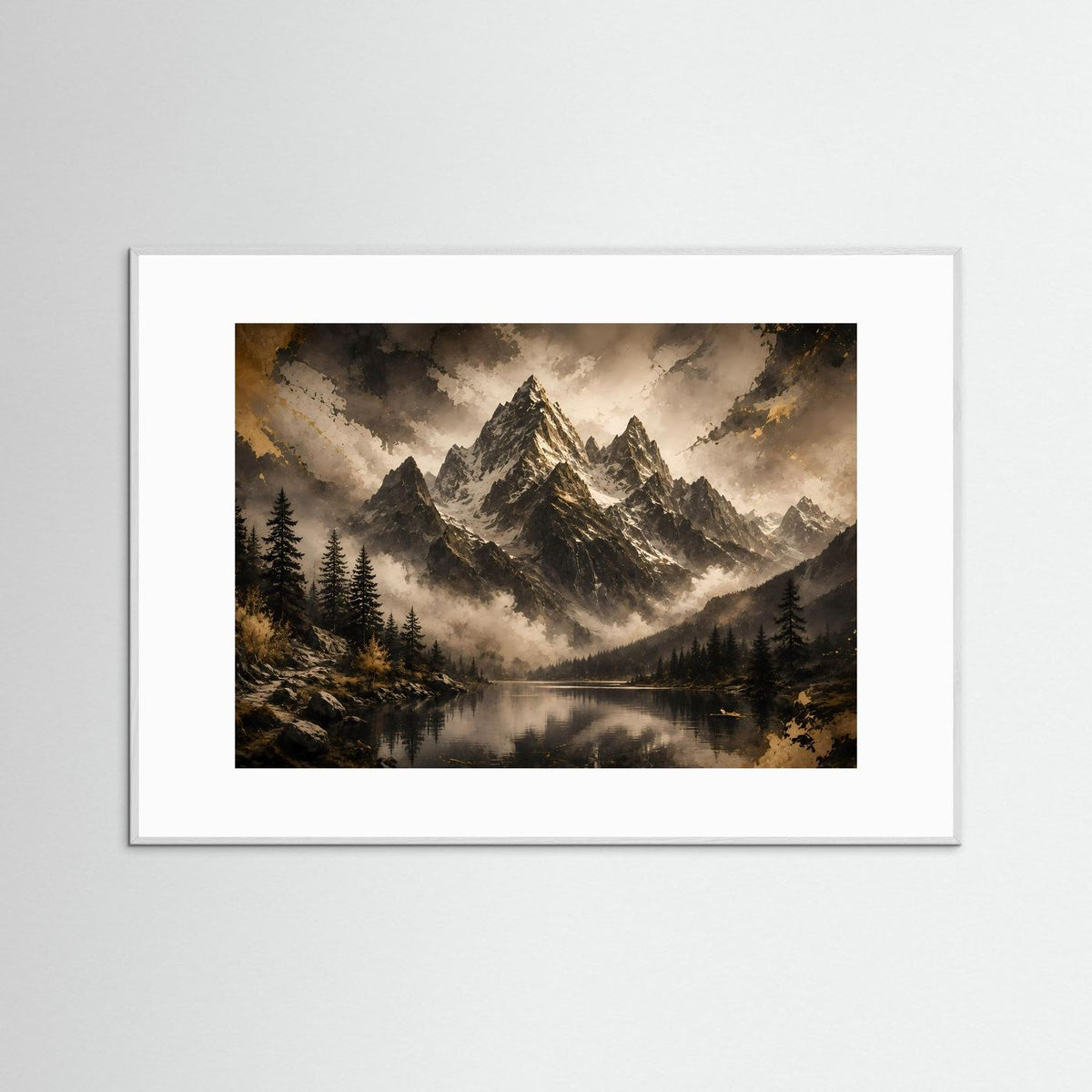 Gerahmtes Querformat-Poster mit Berglandschaft und See im Nebel, weißer Rahmen.