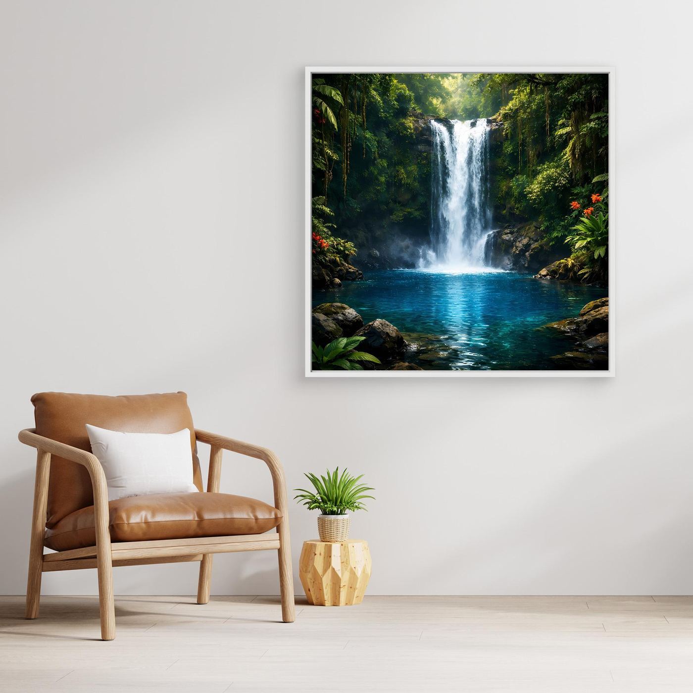 Leinwandbild mit Wasserfall im Dschungel, weißer Rahmen