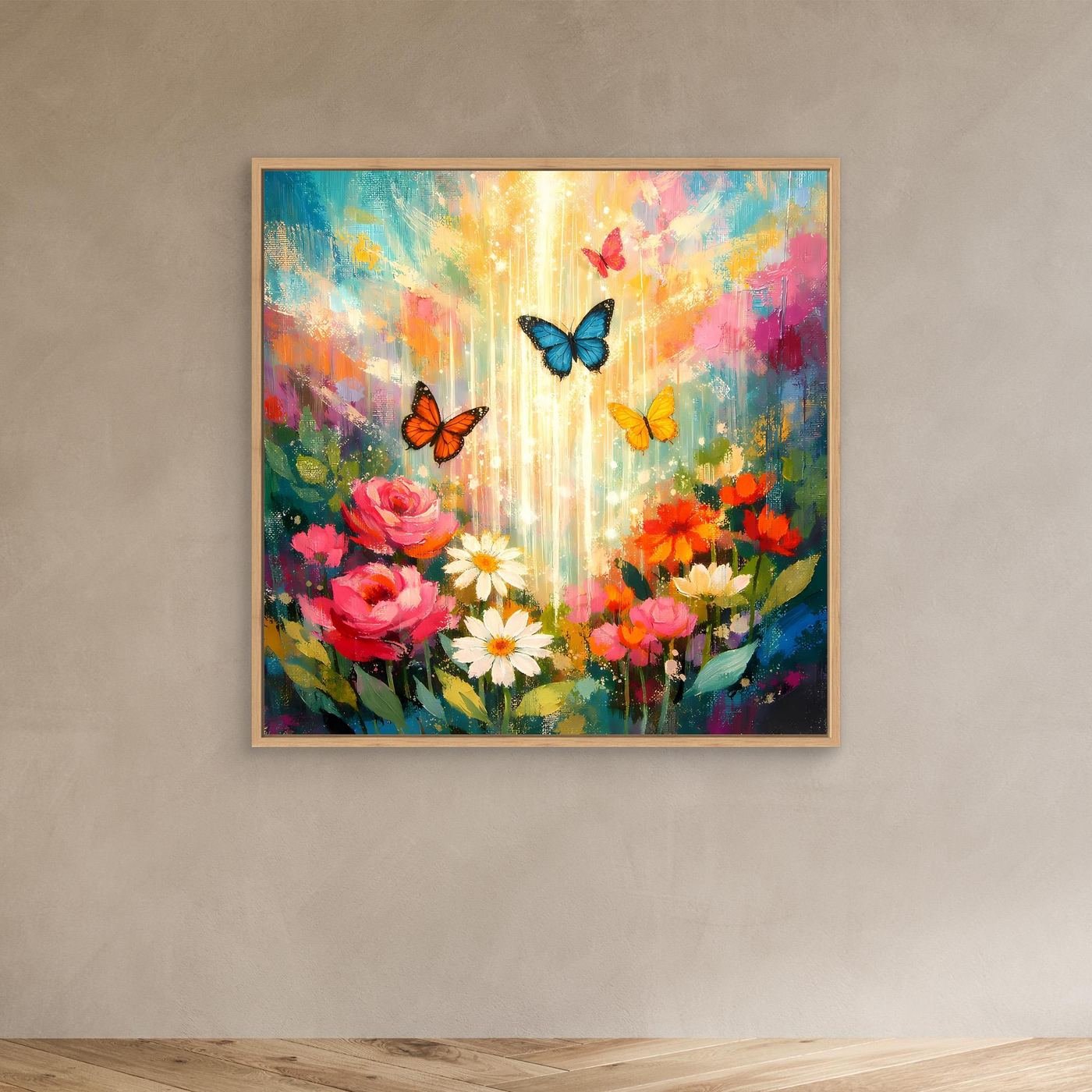 Wandbild mit Eichenrahmen: Blumenstrauß mit Schmetterlingen in leuchtenden Farben