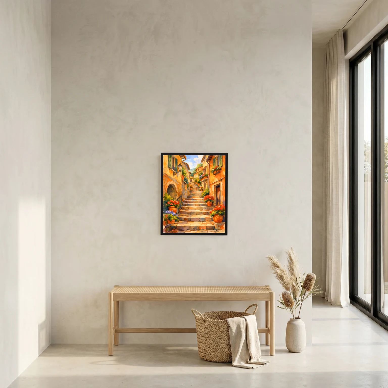 Wandbild mit schwarzem Rahmen: Altstadtgasse mit Steintreppe und Blumen in Töpfen