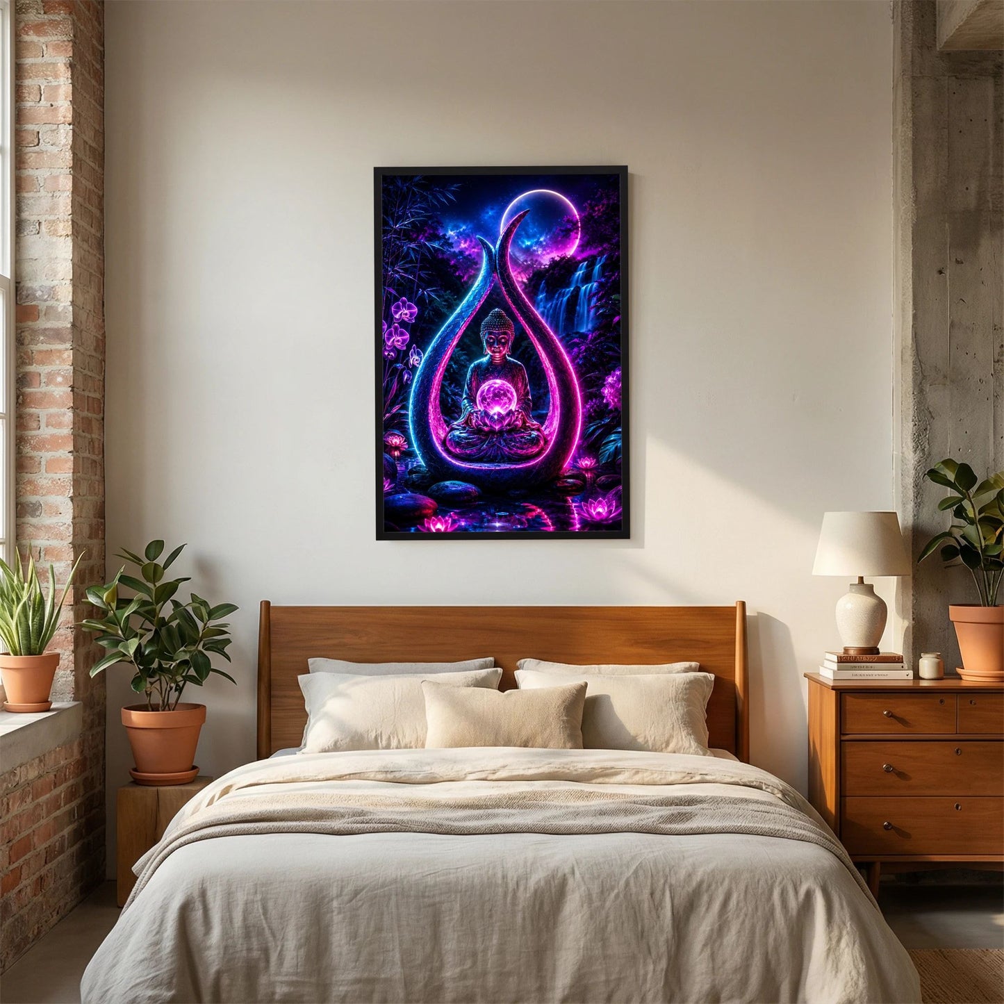 Neon-Poster im Hochformat: sitzender Buddha im Lotus, schwarzer Rahmen
