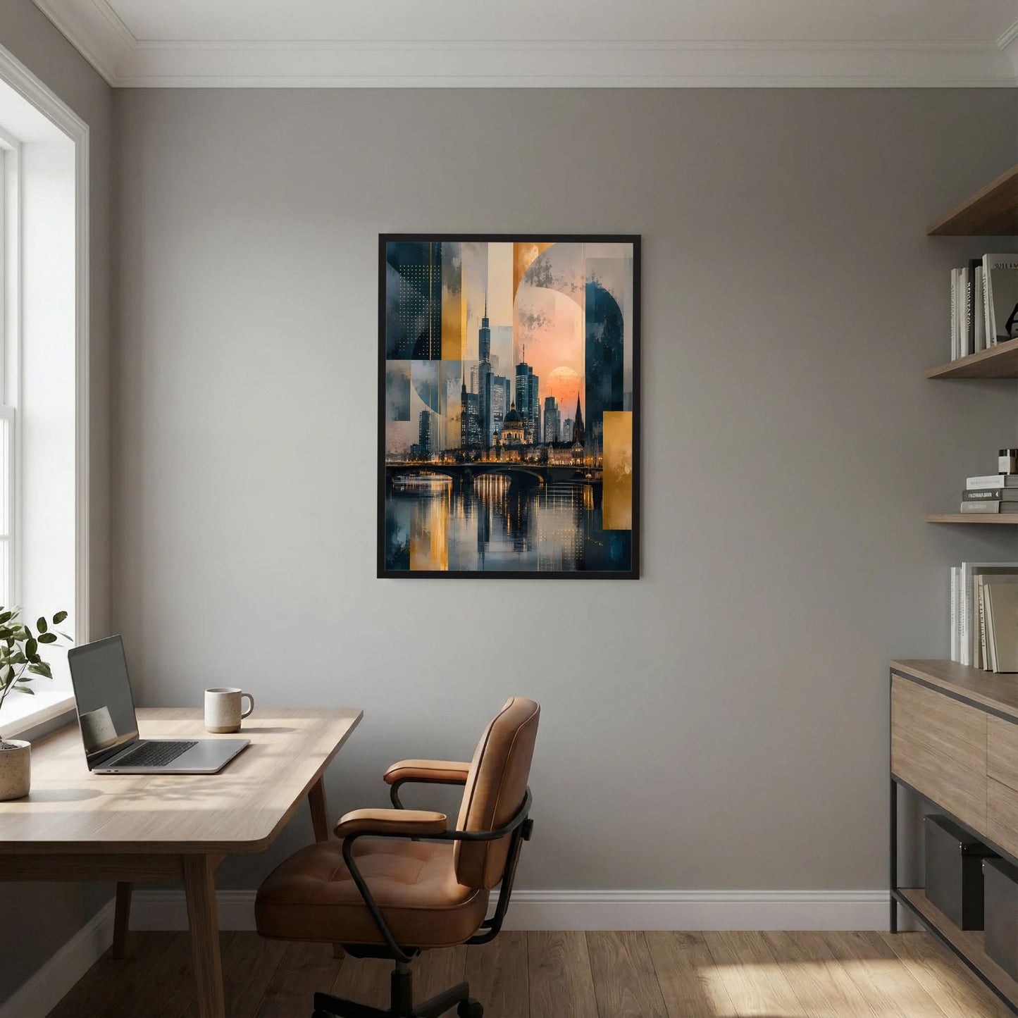 Poster im Hochformat mit abstrakter Skyline, Gold- und Petrolfarben, schwarzer Rahmen