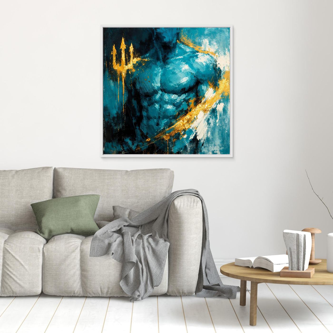 Leinwand Kraftvoller Poseidon in Türkis | Abstraktes Meeresgott Wandbild Gold