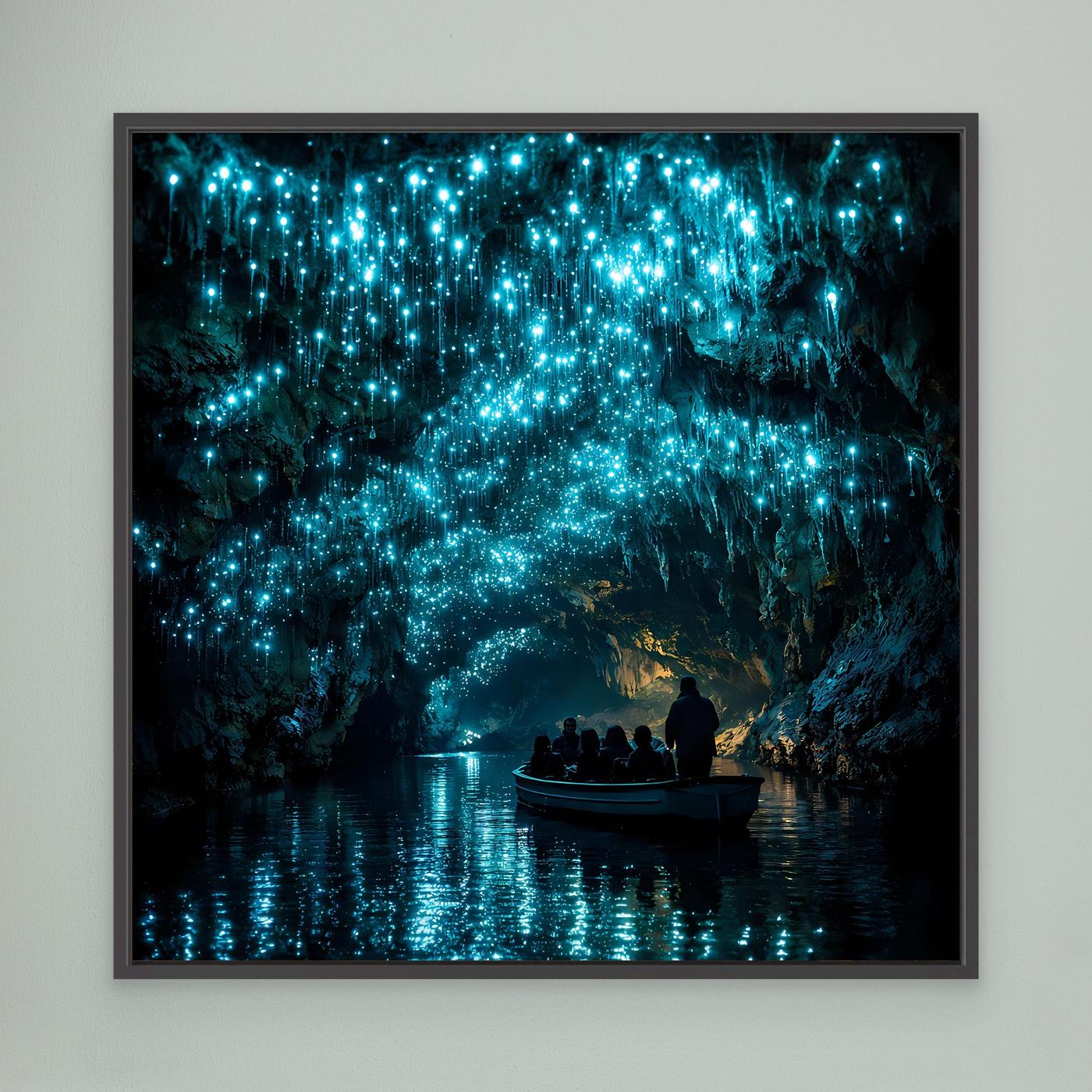 Leinwandbild mit schwarzem Rahmen: dunkle Höhle mit blau leuchtenden Glühwürmchen und Boot