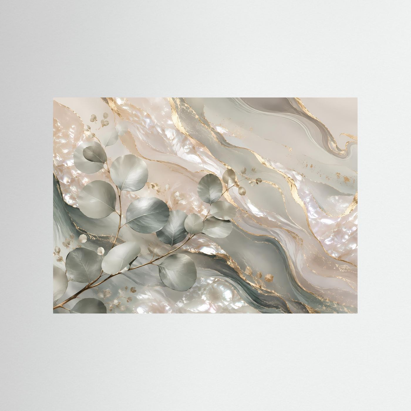 Poster mit Eukalyptus-Botanicals: Creme, Salbeigrün, Goldakzente, Querformat