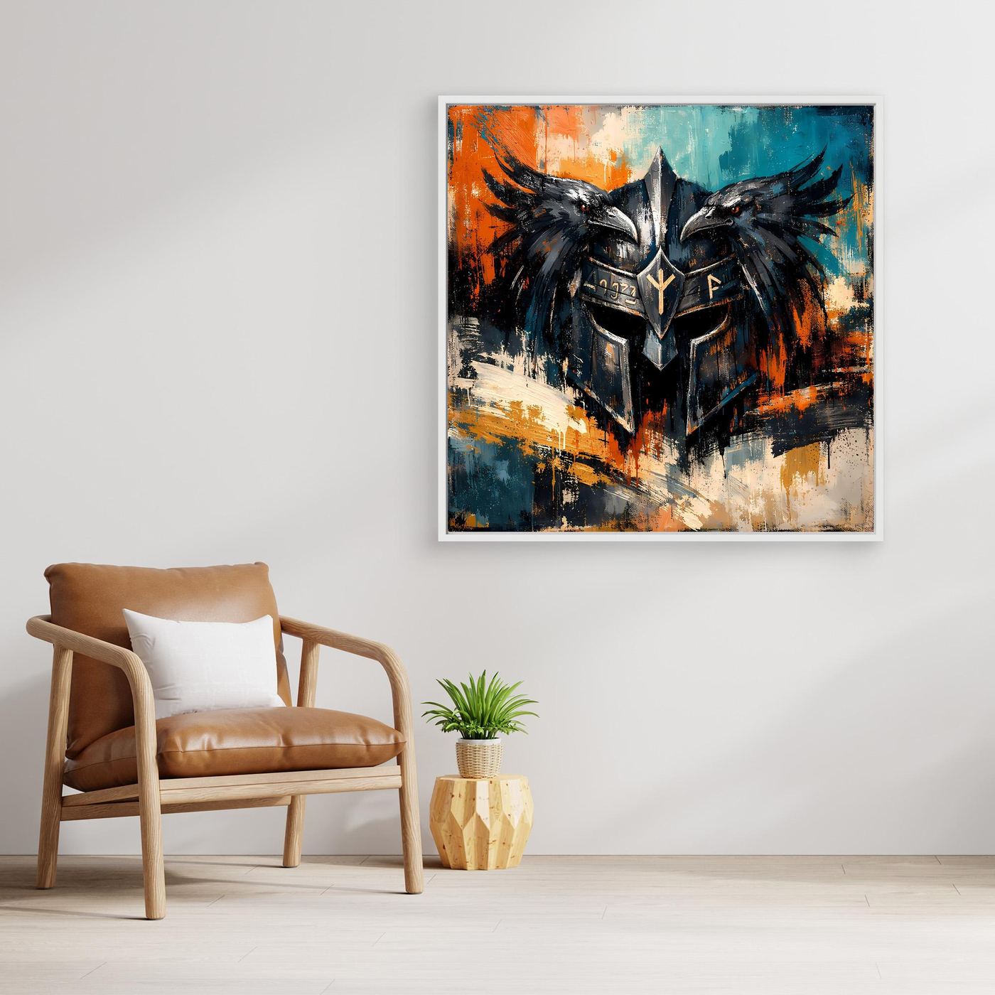 Leinwand-Wandbild mit Odin-Helm und Raben, abstrakt, mehrfarbig, Holzrahmen