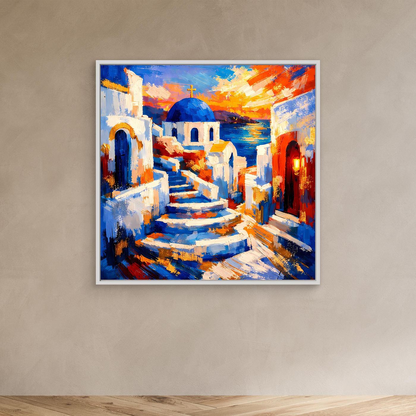 Leinwandbild mit Treppe zwischen weißen Häusern und blauem Kuppeldach, mit weißem Rahmen