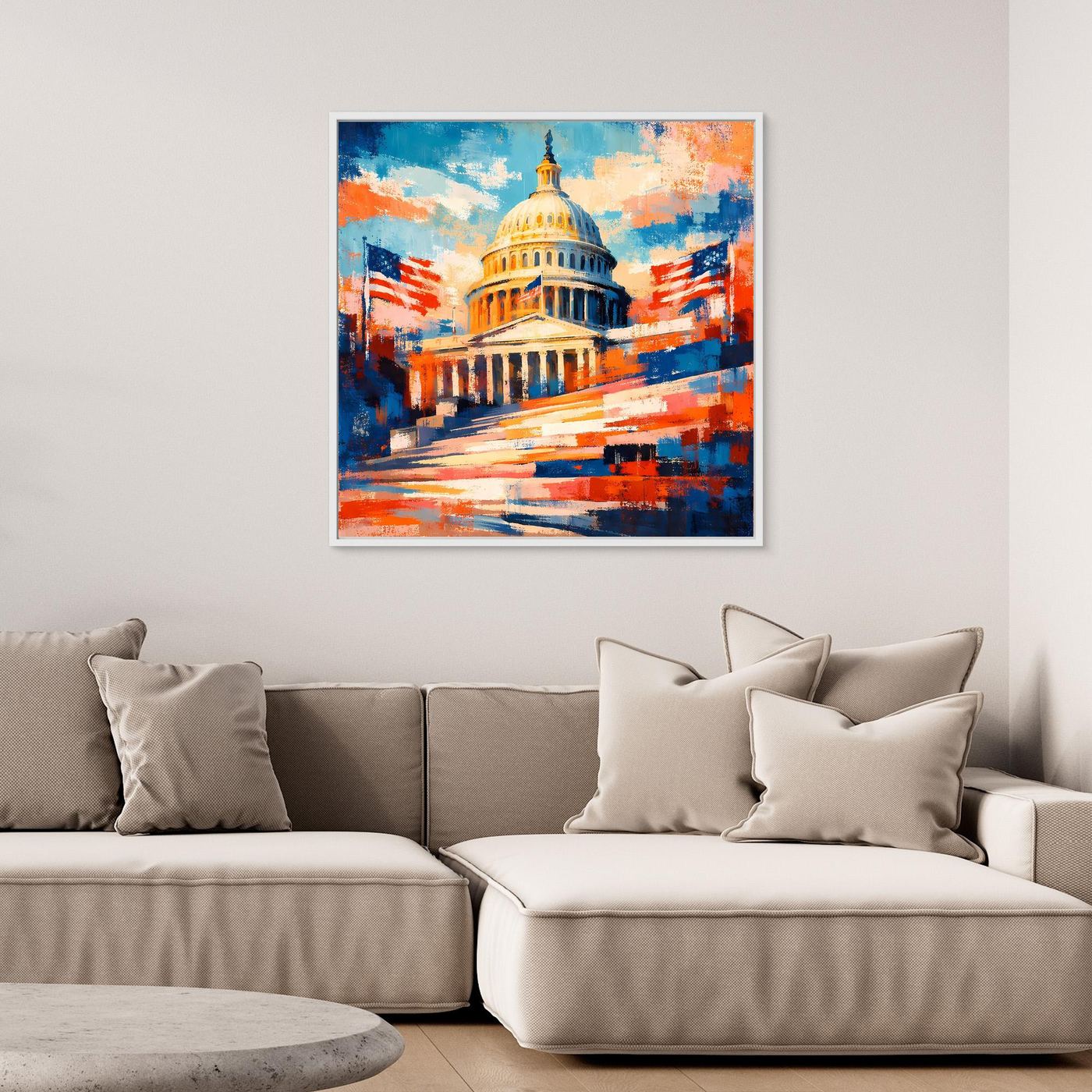 Gerahmtes Wandbild mit abstraktem US-Kapitol, Farbflächen in Blau und Orange