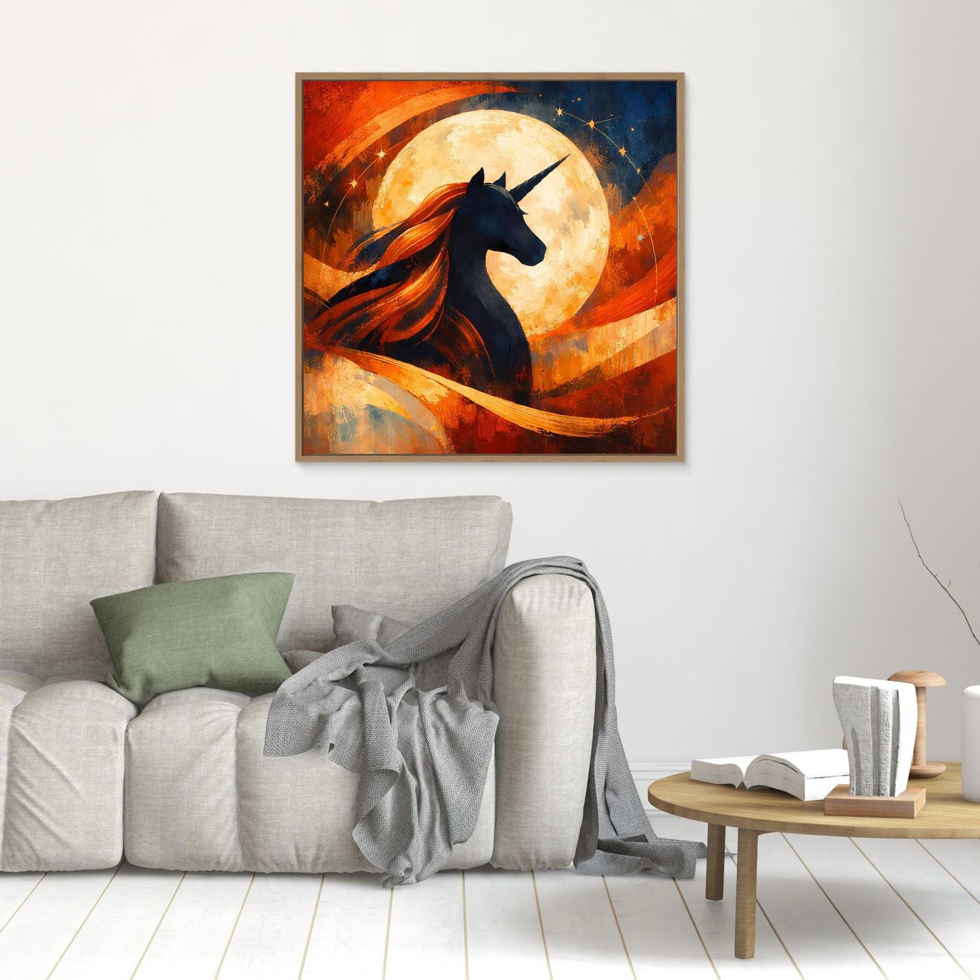 Kleines gerahmtes Leinwandbild mit Einhornsilhouette vor Vollmond, warme Orange- und Blautöne