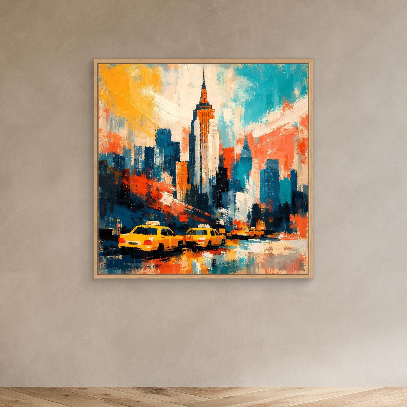 Gerahmtes abstraktes Wandbild mit New-York-Skyline und gelben Taxis in Blau/Orange.