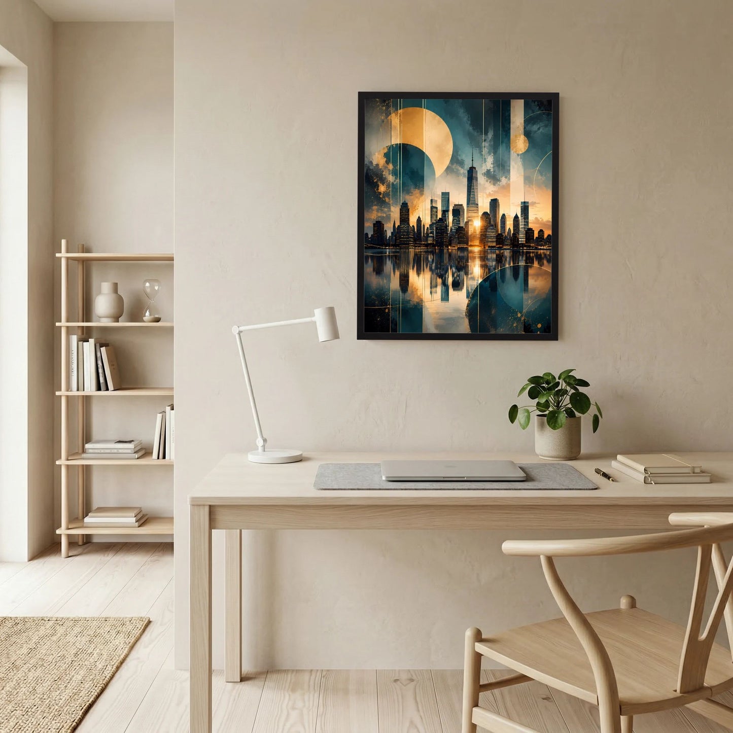 Gerahmtes Poster mit abstrakter Skyline in Gold und Petrol, zentral an der Wand