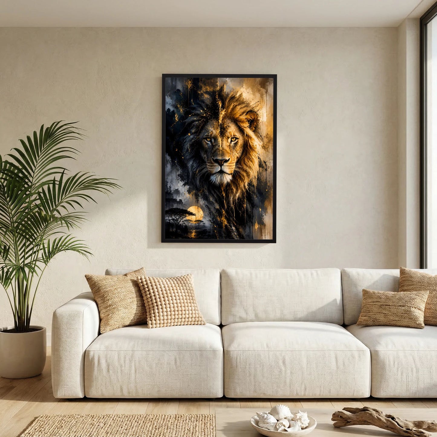 Löwenposter mit schwarzem Rahmen, Löwenkopf abstrakt in Schwarz/Gold, goldene Sonne unten