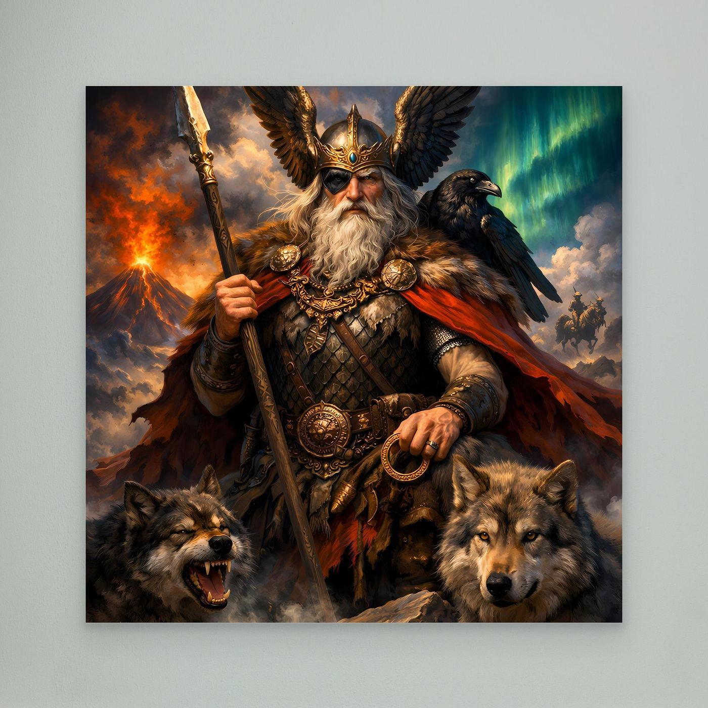 Leinwand Göttervater Odin mit Wölfen und Rabe | Mythologisches Wikinger Wandbild