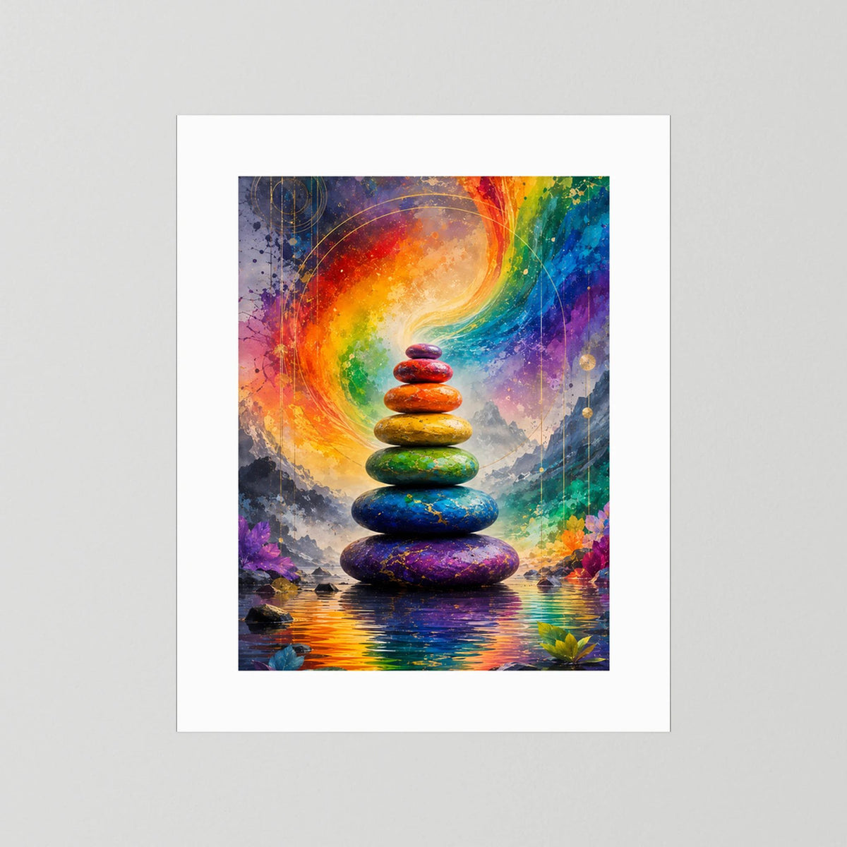 Hochformat-Poster mit weißem Rand und Stapel bunter Zen-Steine, leuchtender Regenbogen