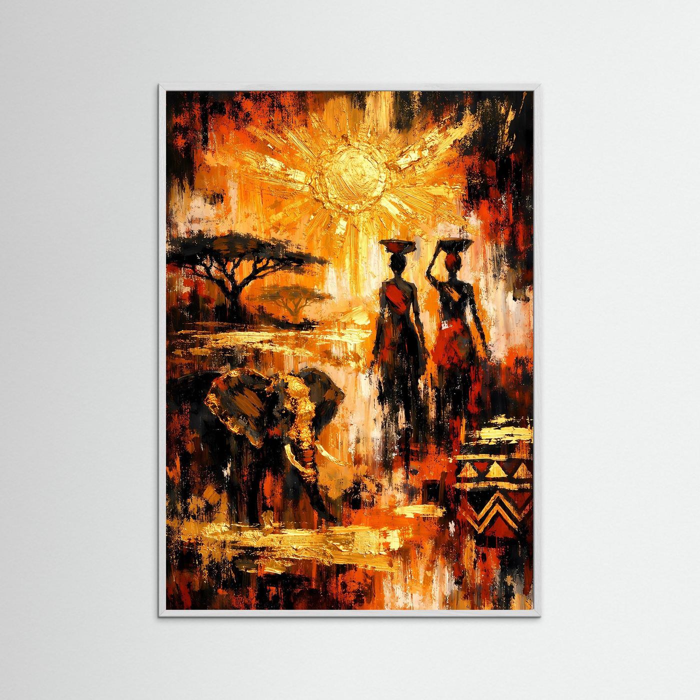 Ethno-Kunstposter im Hochformat mit goldener Sonne, zwei Figuren und Baum, schwarz gerahmt