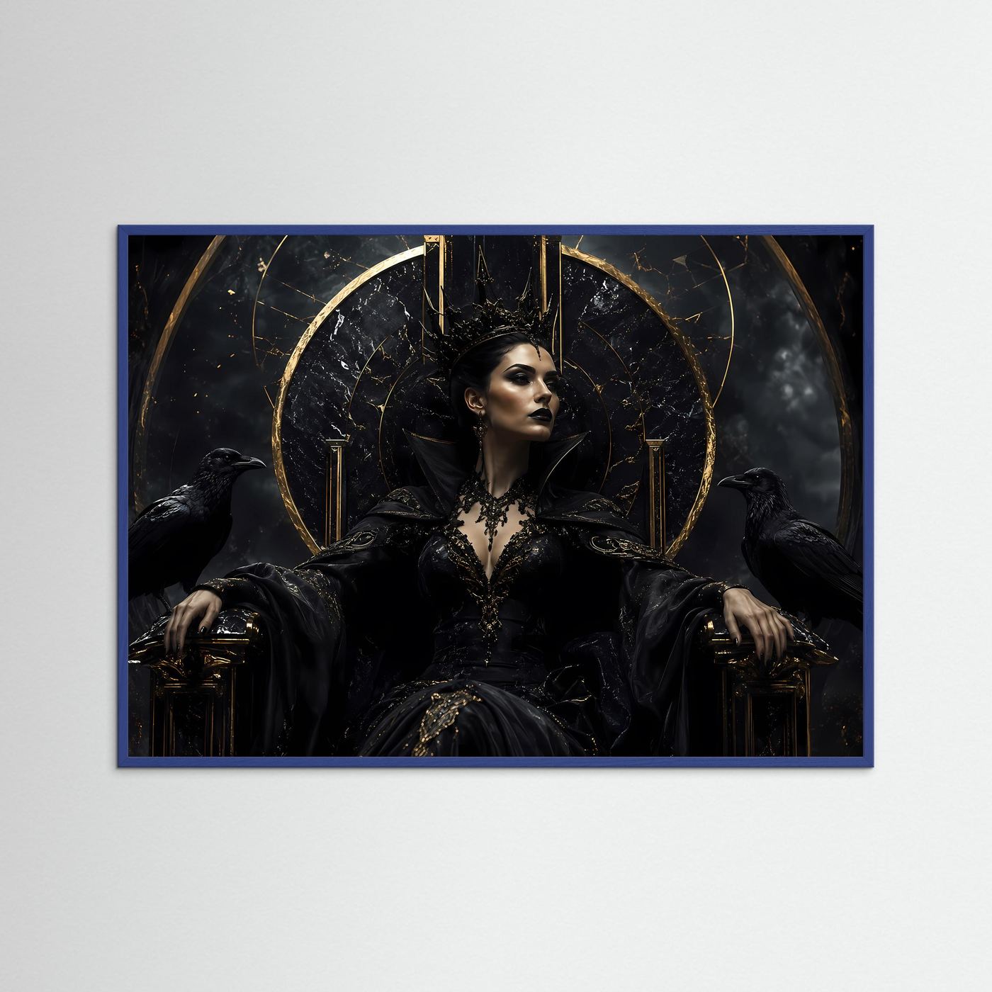 Dunkle Königin auf Marmorthron – Gothic Fantasy Motiv mit Krone & Raben