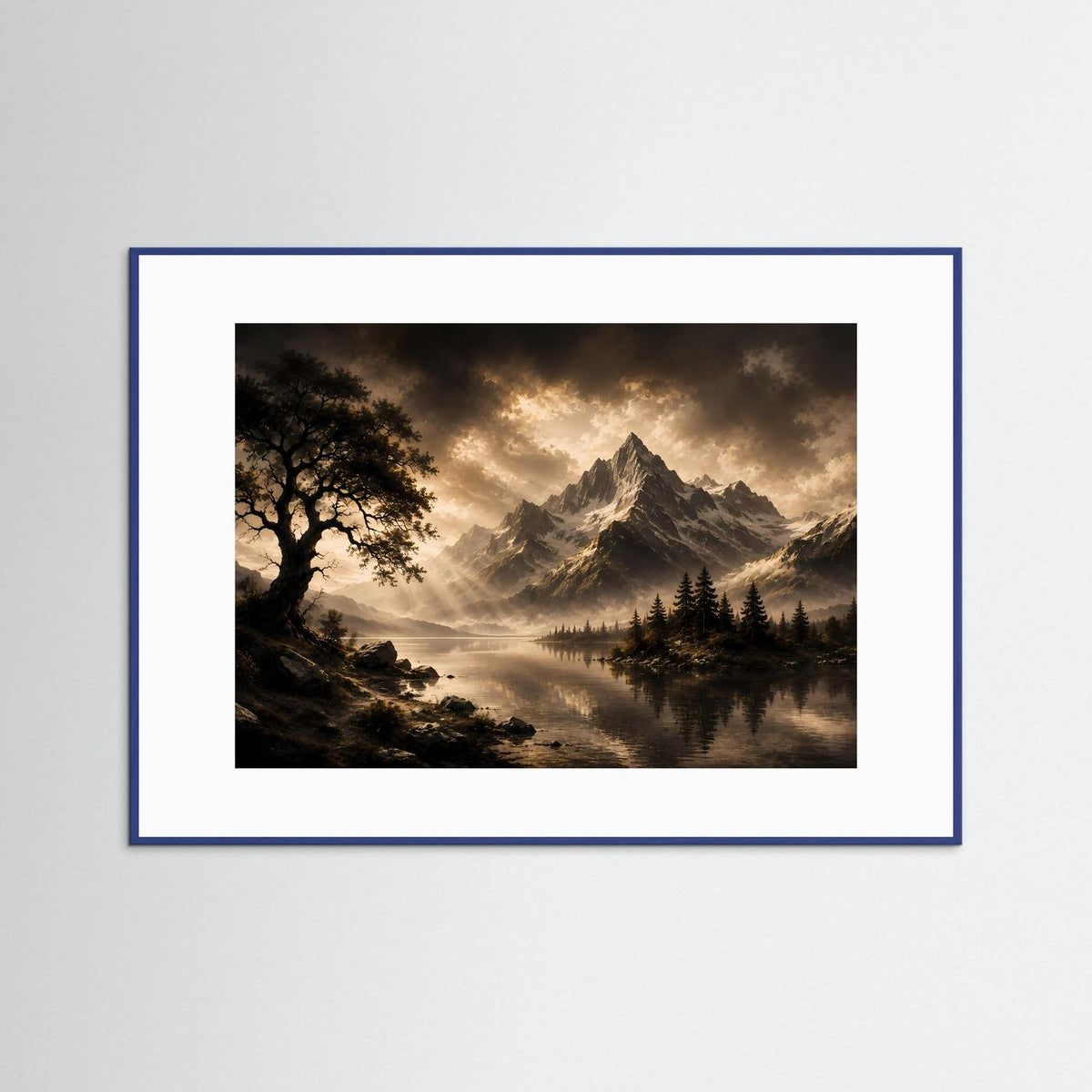 Gerahmtes Poster im Querformat mit schwarzer Landschaft und goldener Dämmerung, blauer Rahmenumrandung