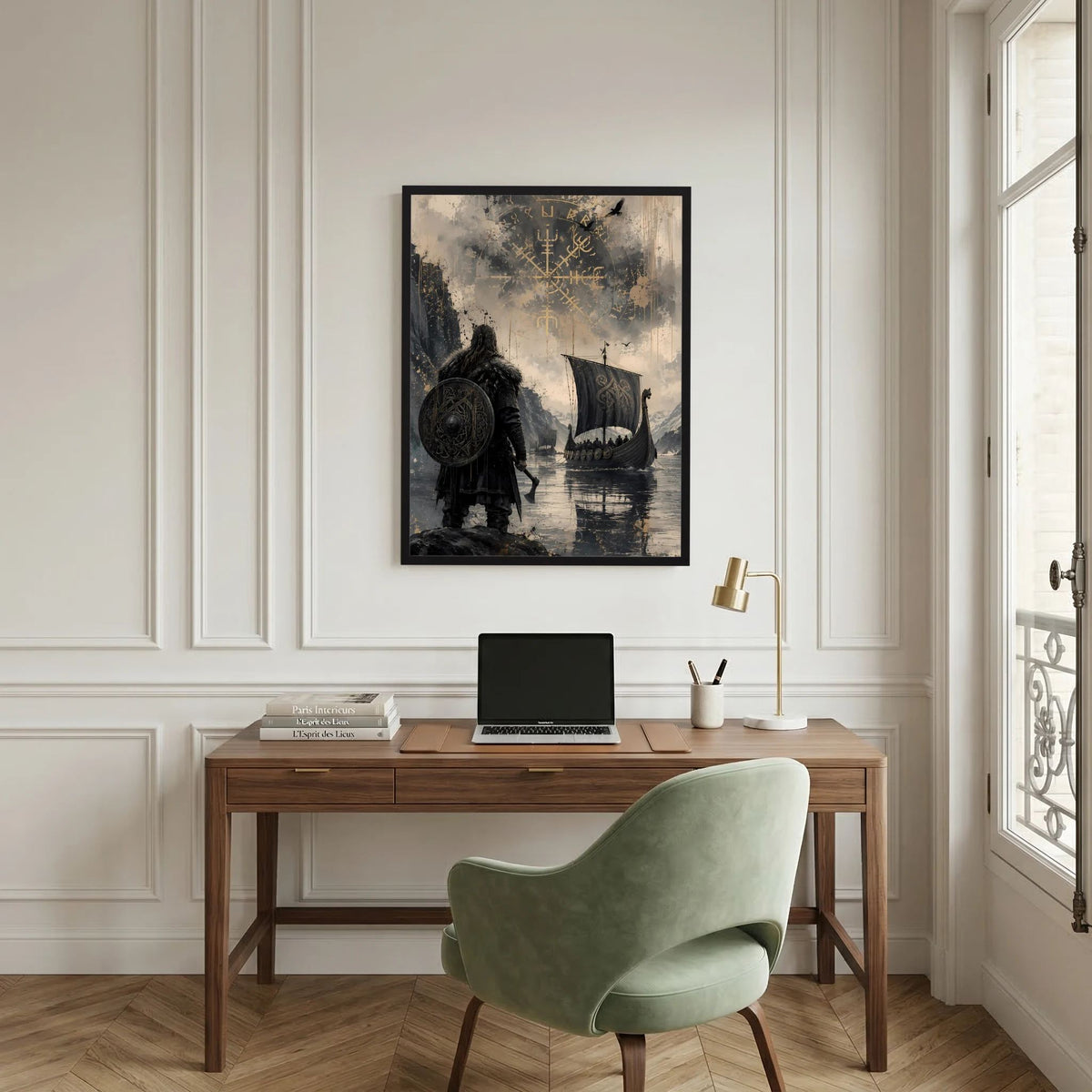 Hochformat-Poster mit Wikingerkrieger und Langschiff, Runenornamentik im schwarzen Rahmen