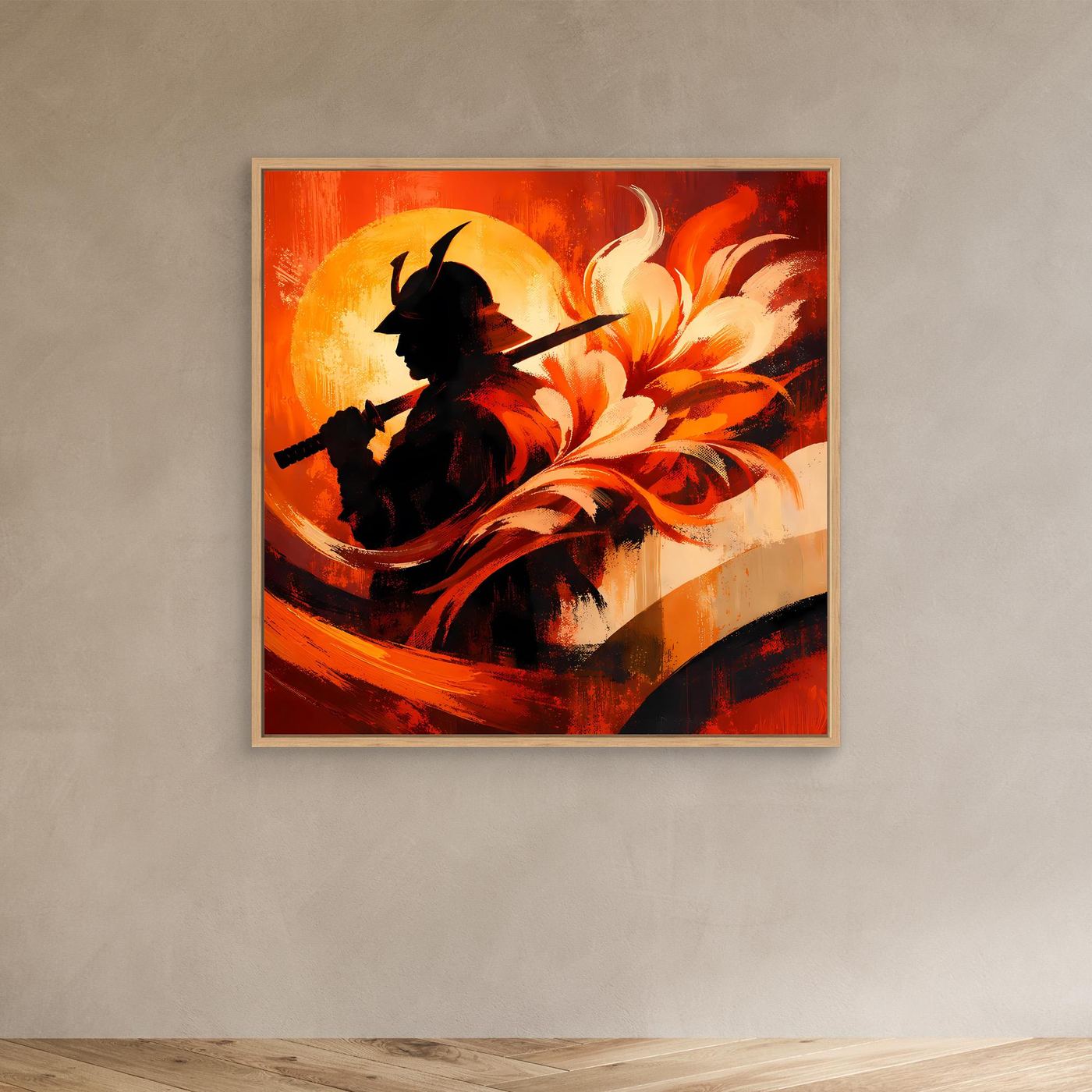 Japanisches Leinwand-Wandbild mit schwarzer Samurai-Silhouette und roten Flammen, Holzrahmen