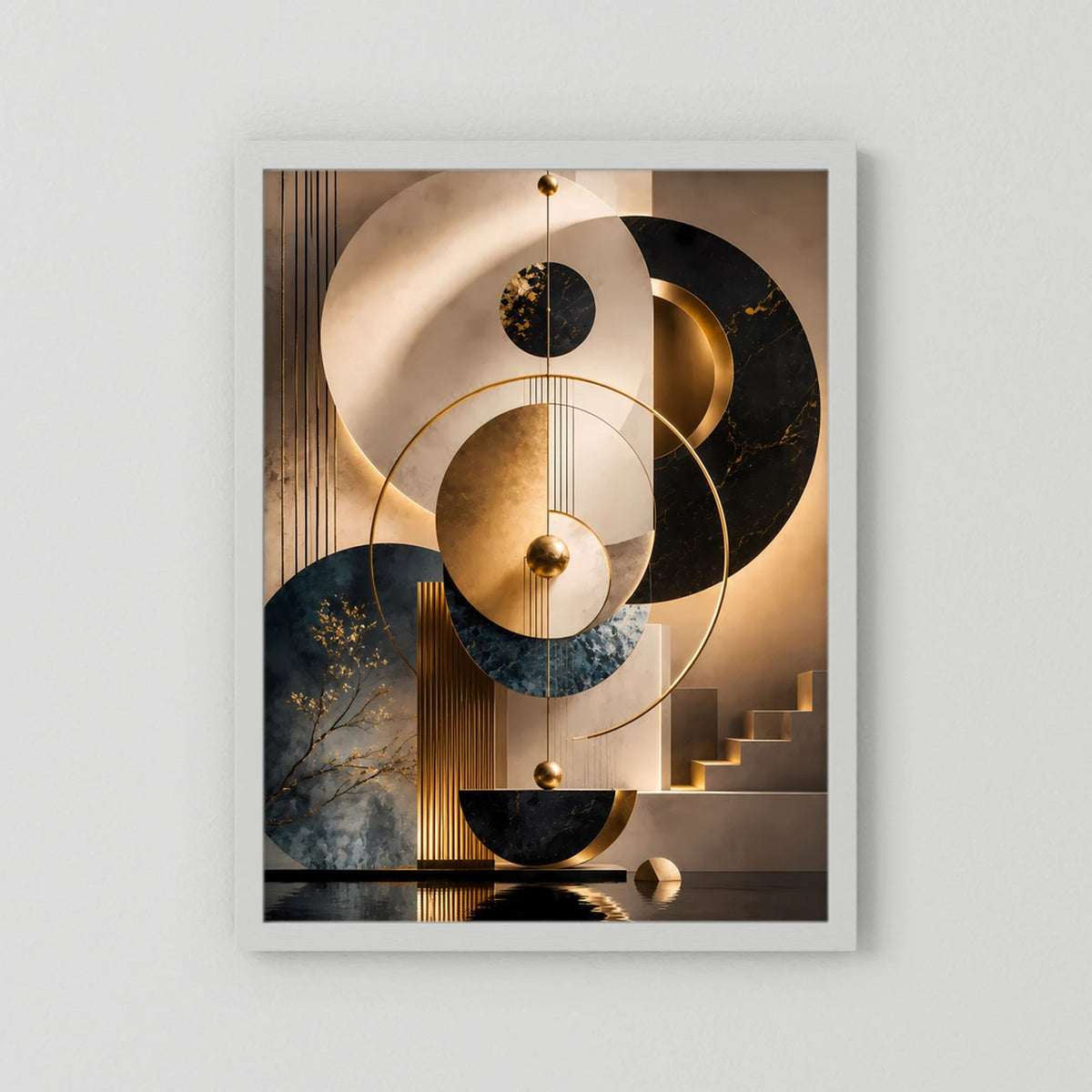 Weiß gerahmtes Poster mit abstrakten Kreisen in Gold, Schwarz, Beige & Petrol, Hochformat.