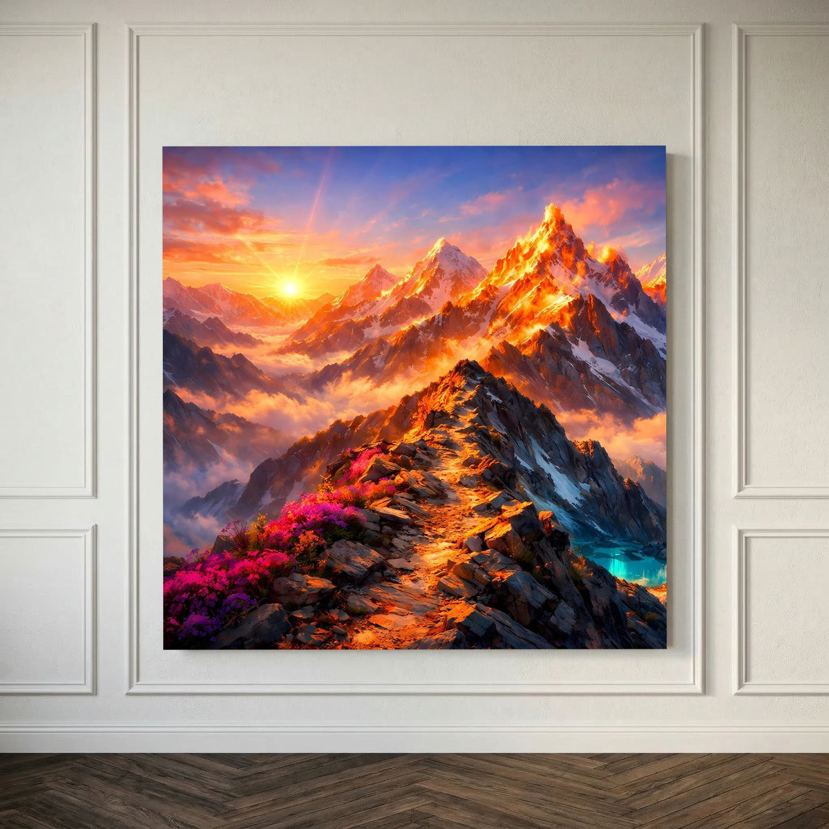Leinwandbild auf Holzkeilrahmen mit blau eingefasstem Rand und Sonnenuntergangsbergen.