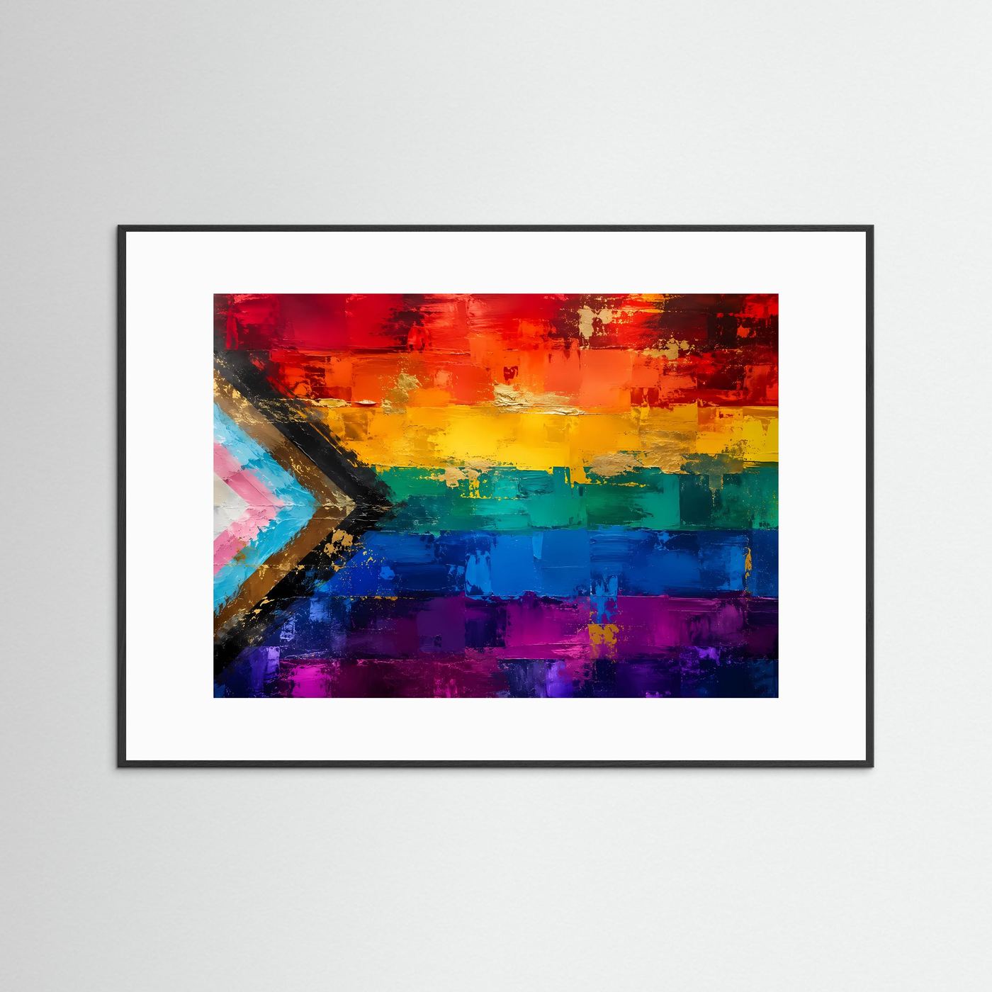 Gerahmtes Poster im weißen Passepartout mit abstrakter Regenbogenflagge und goldfarbenem Pfeil