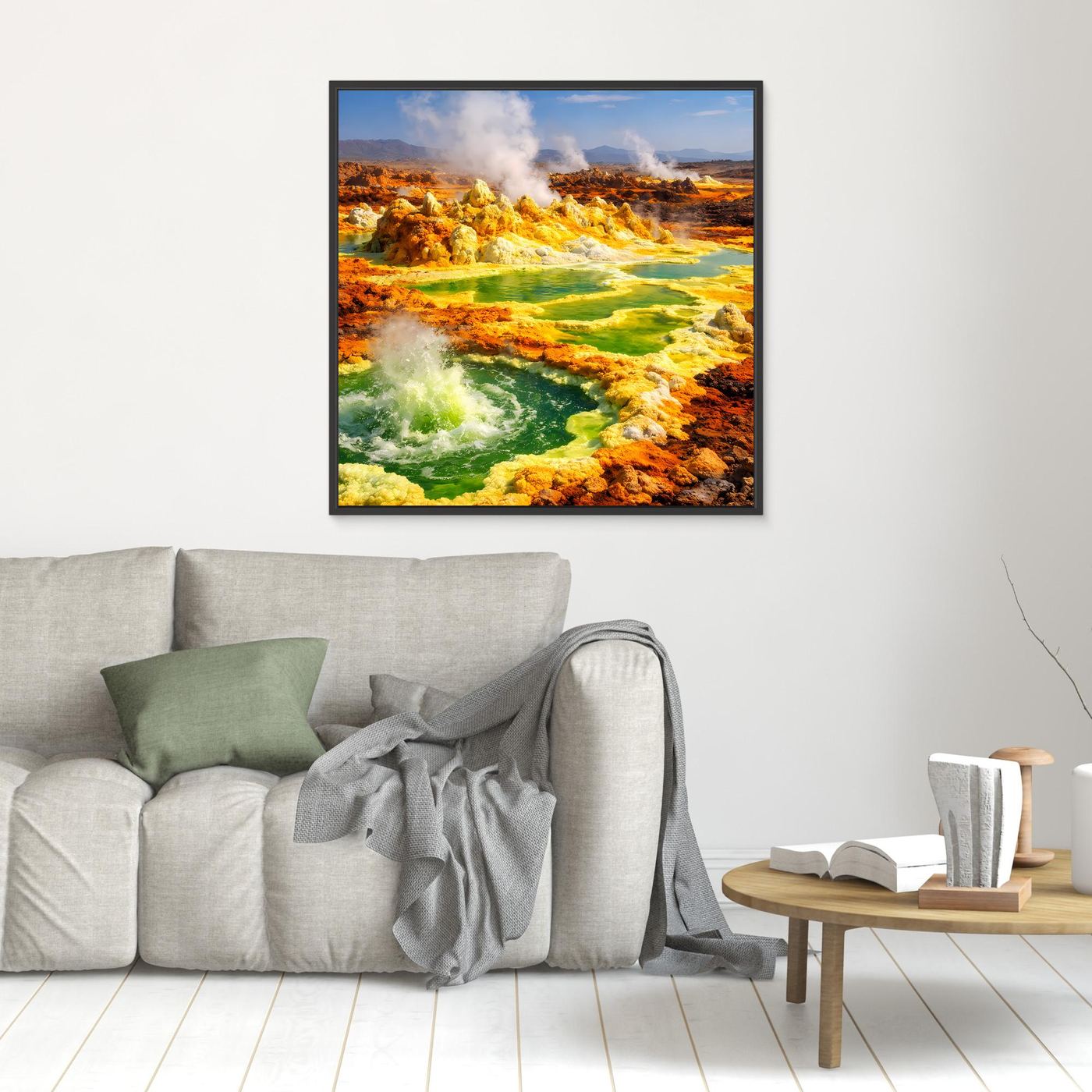 Kleines gerahmtes Leinwandbild mit Dallol-Vulkan und hydrothermalen Quellen, leuchtend grün-gelb