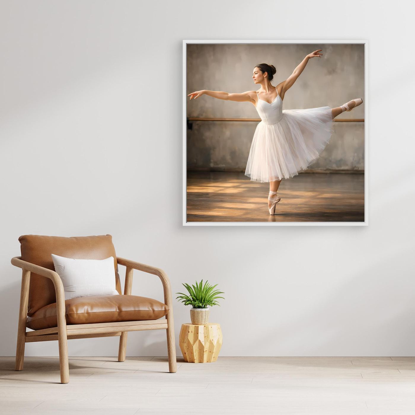 Gerahmtes Leinwandbild mit Ballerina im weißen Tutu, hellbrauner Rahmen