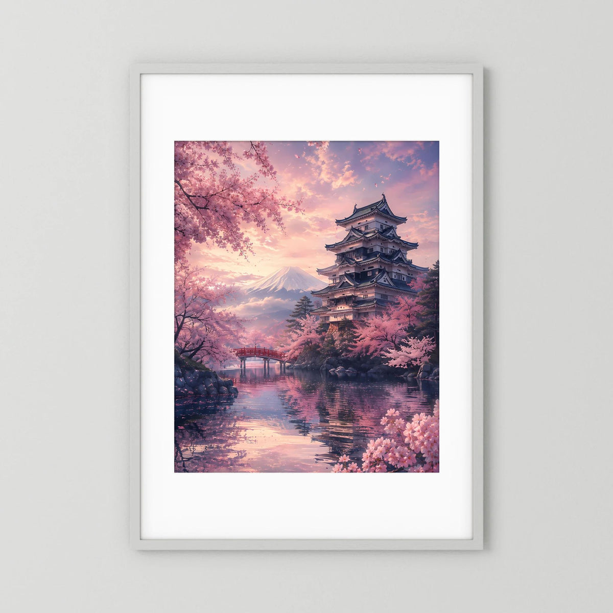Hochformatiges Poster mit Sakura und Tempelpagode im weißen Rahmen mit Passepartout