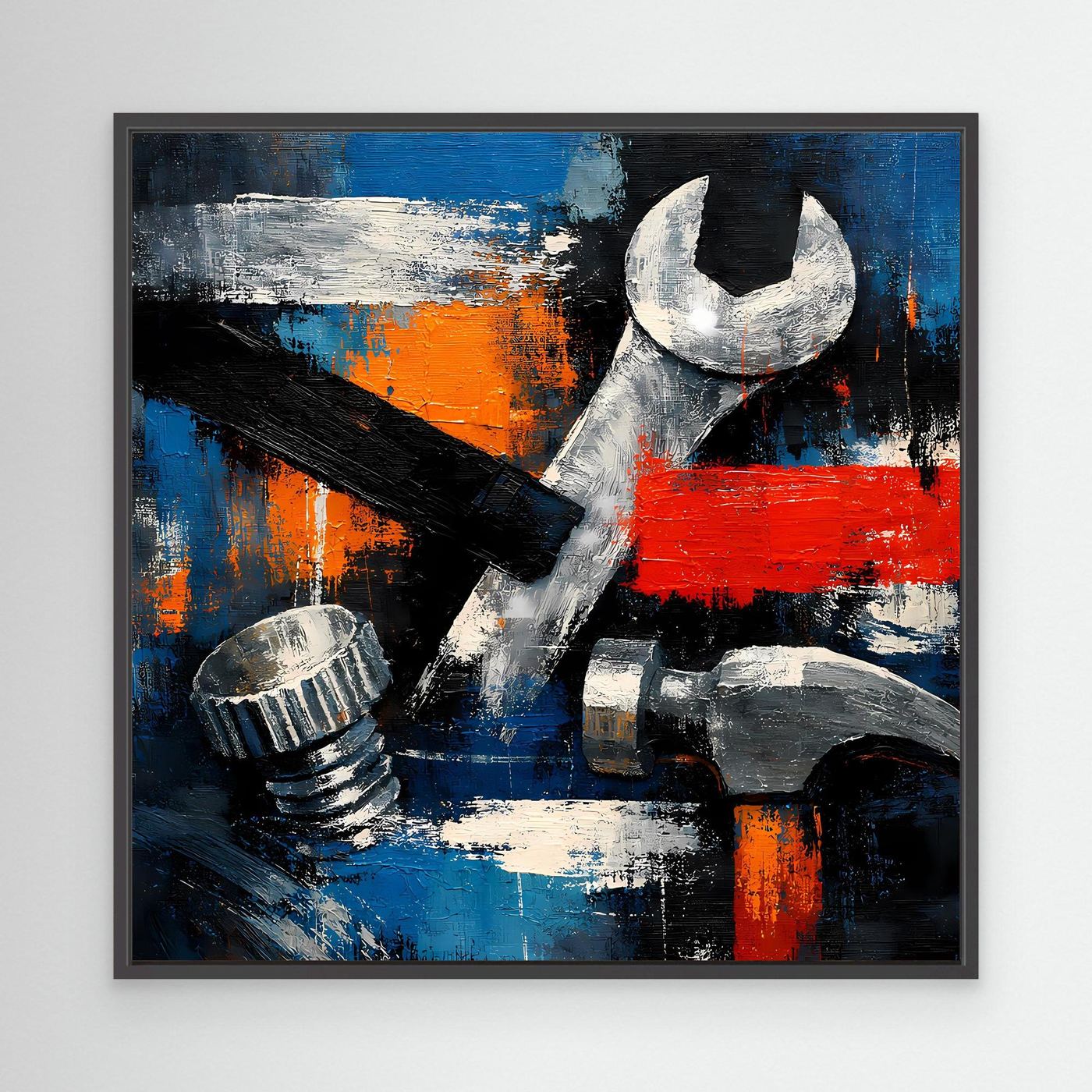 Abstract tools canvas wall art with wrench in black frame, red and blue paint strokes