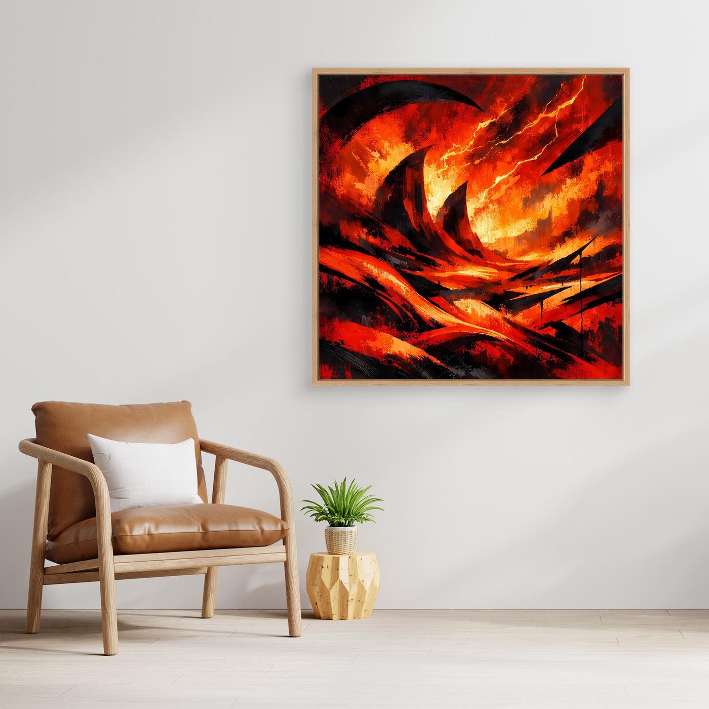 Gerahntes Leinwand-Wandbild: abstrakte Lava und Blitze in Rot-Orange, Holzrahmen.